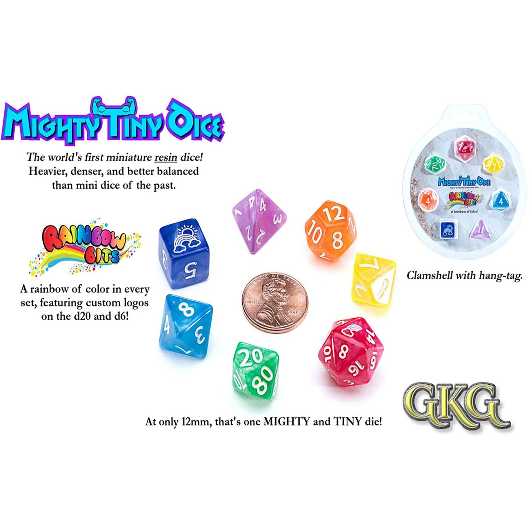 Gate Keeper Games Mighty Tiny Dice Rainbow Bits - 7 Piece RPG Dice Set, 12mm Resin Dice Set, Gate Keeper Games, Roleplaying, Custom Logos on d20 and d6, Rainbow of Color in Every Set