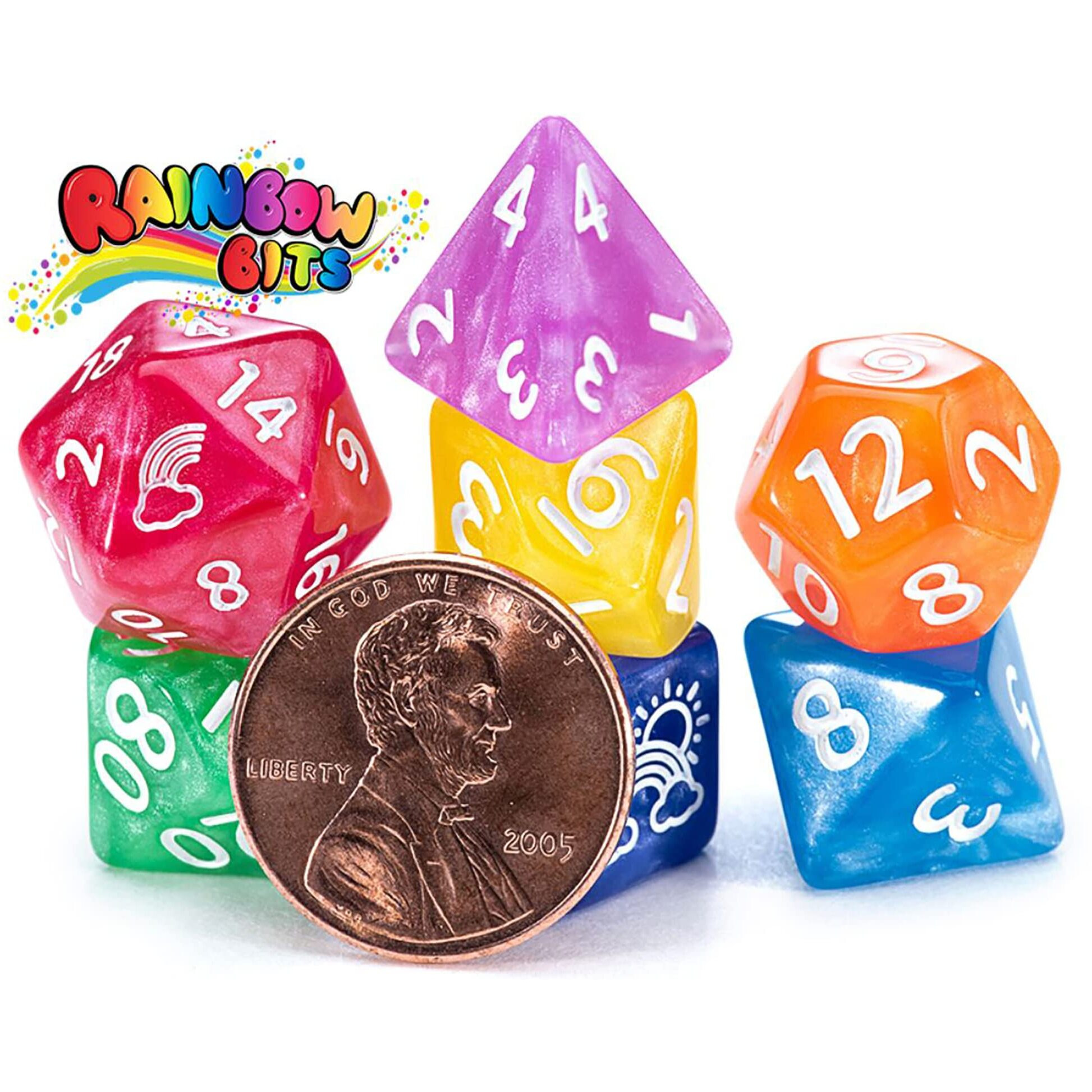 Gate Keeper Games Mighty Tiny Dice Rainbow Bits - 7 Piece RPG Dice Set, 12mm Resin Dice Set, Gate Keeper Games, Roleplaying, Custom Logos on d20 and d6, Rainbow of Color in Every Set