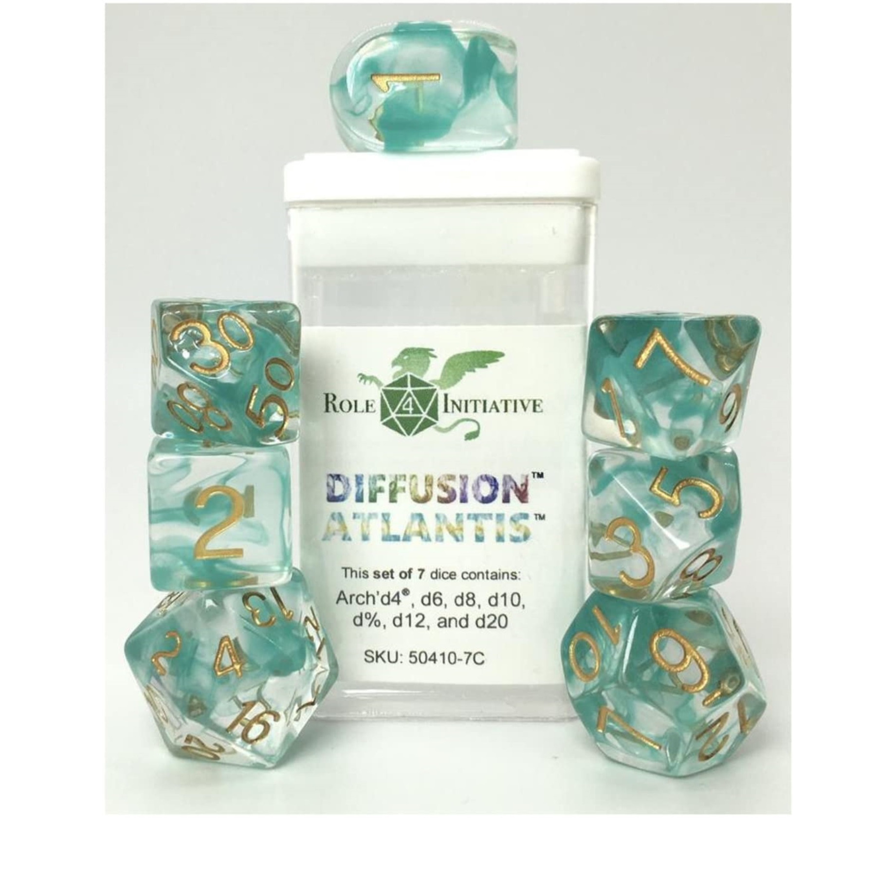 Role 4 Initiative Polyhedral Dice - Atlantis, Arch'd d4's w/White Numbers (7)