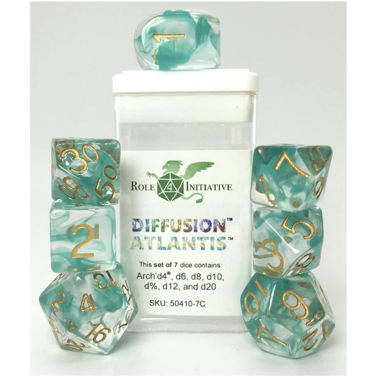 Role 4 Initiative Polyhedral Dice - Atlantis, Arch'd d4's w/White Numbers (7)