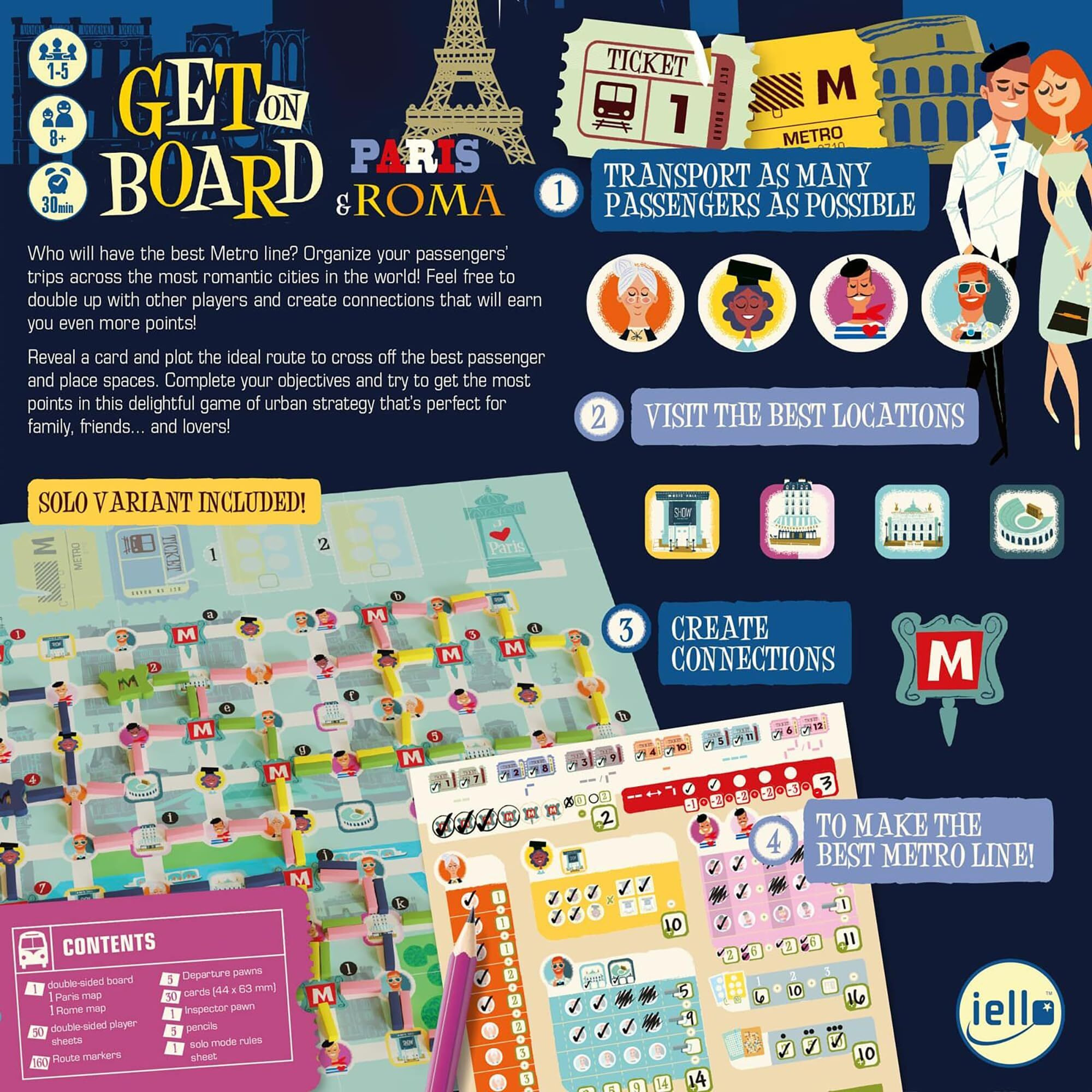 IELLO Get On Board Paris & Rome - A Clever Flip & Write Board Game, Create The Best Metro Line in Two Cities, Ages 8+, 1-5 Players, 30 Mins