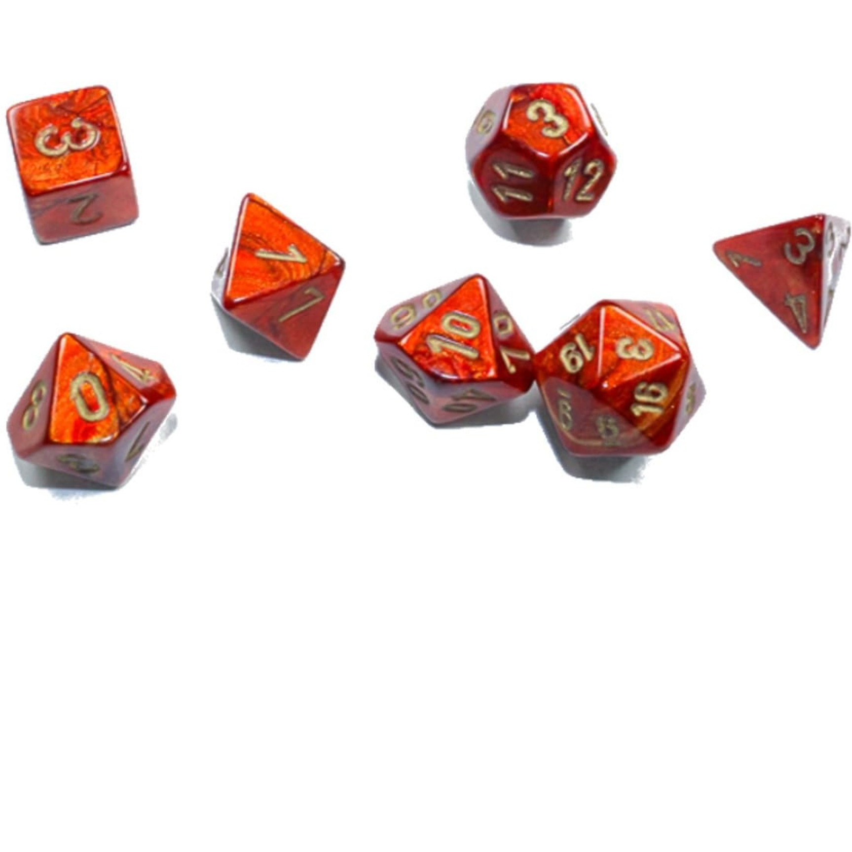 Scarlet Scarab Mini Dice with Gold Colored Numbers 10mm (3/8in) Set of 7 Chessex