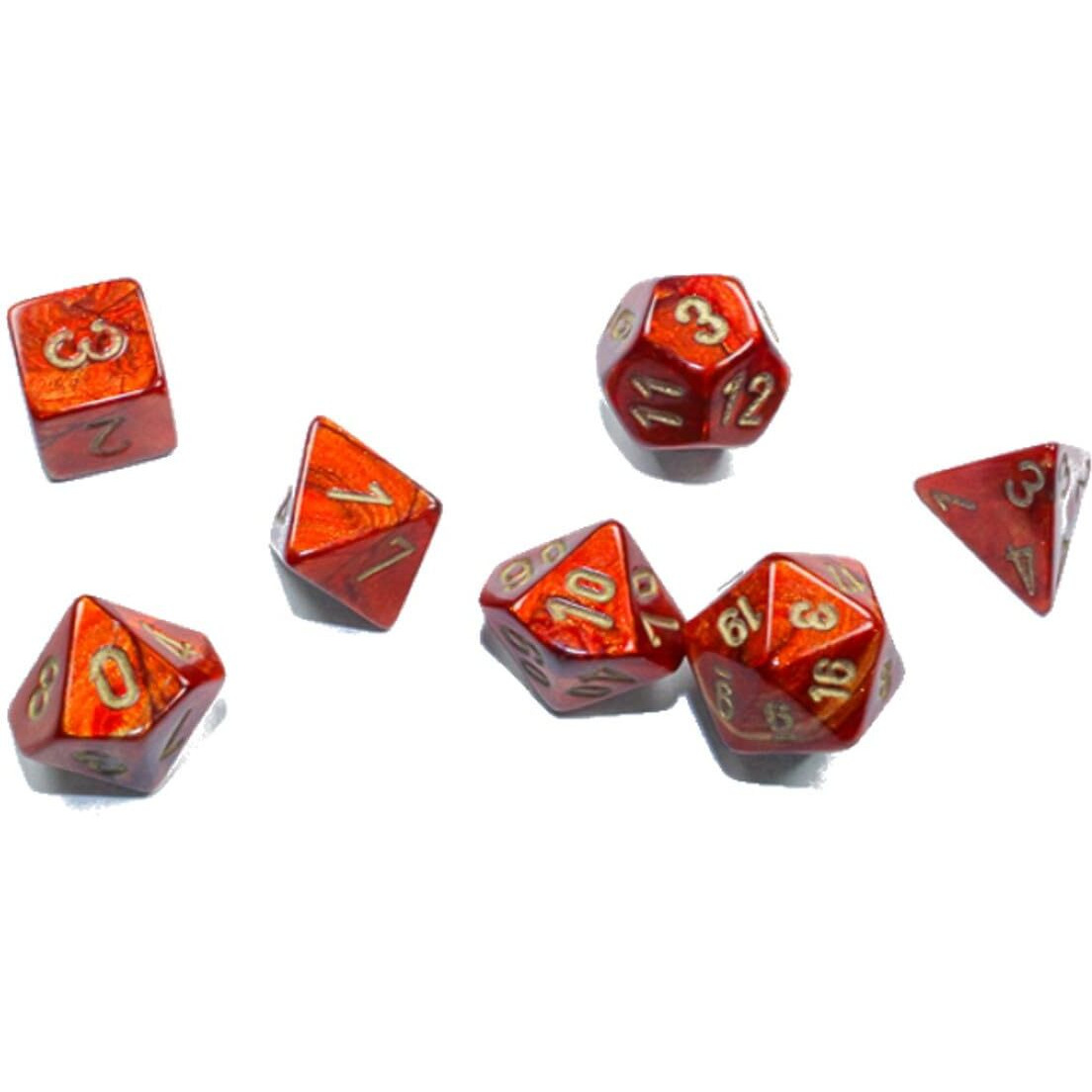 Scarlet Scarab Mini Dice with Gold Colored Numbers 10mm (3/8in) Set of 7 Chessex