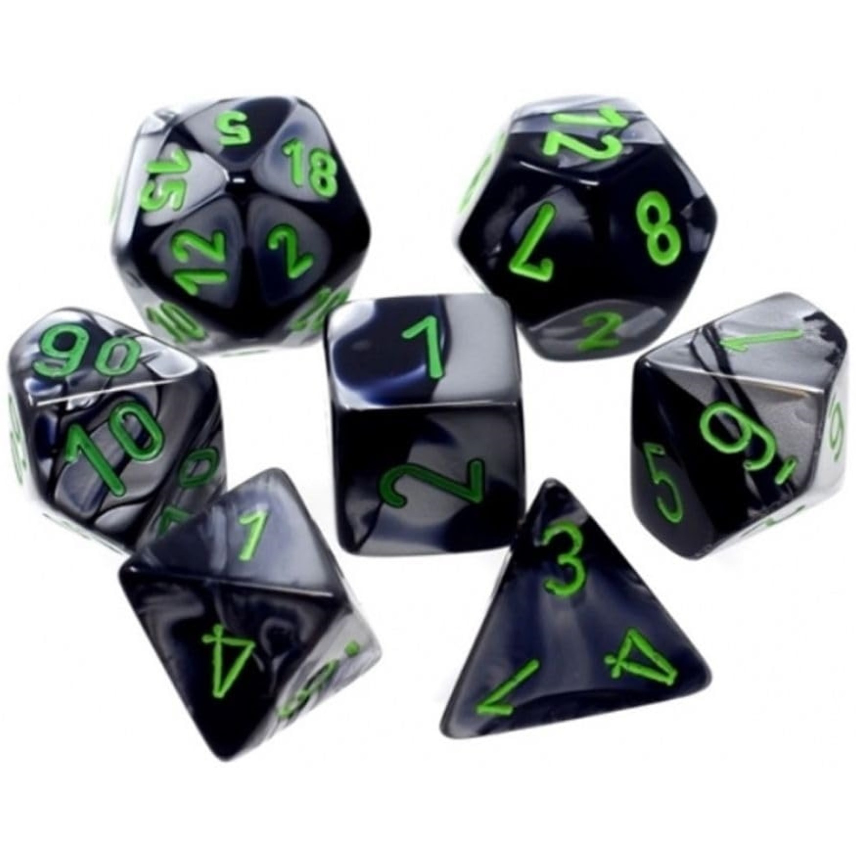 Black and Grey Gemini Mini Dice with Green Colored Numbers 10mm (3/8in) Set of 7 Chessex