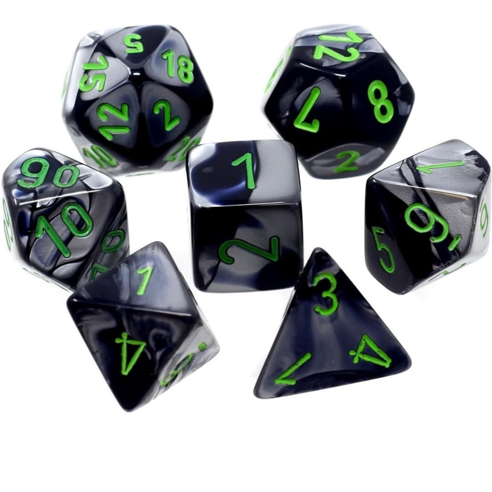 Black and Grey Gemini Mini Dice with Green Colored Numbers 10mm (3/8in) Set of 7 Chessex