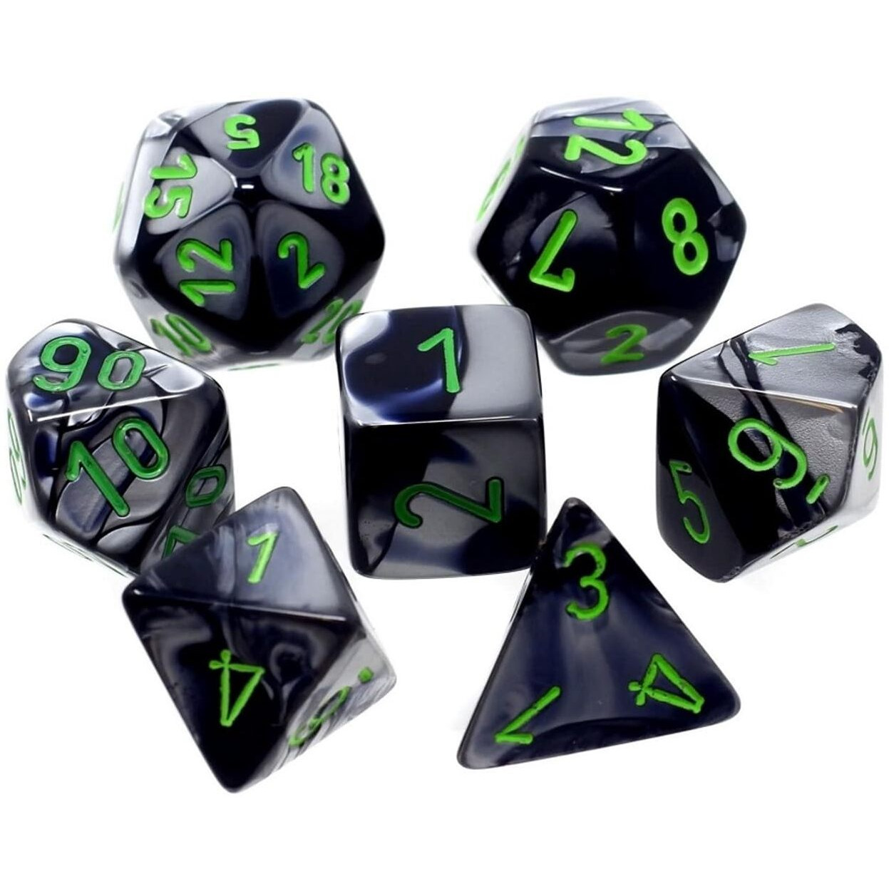 Black and Grey Gemini Mini Dice with Green Colored Numbers 10mm (3/8in) Set of 7 Chessex