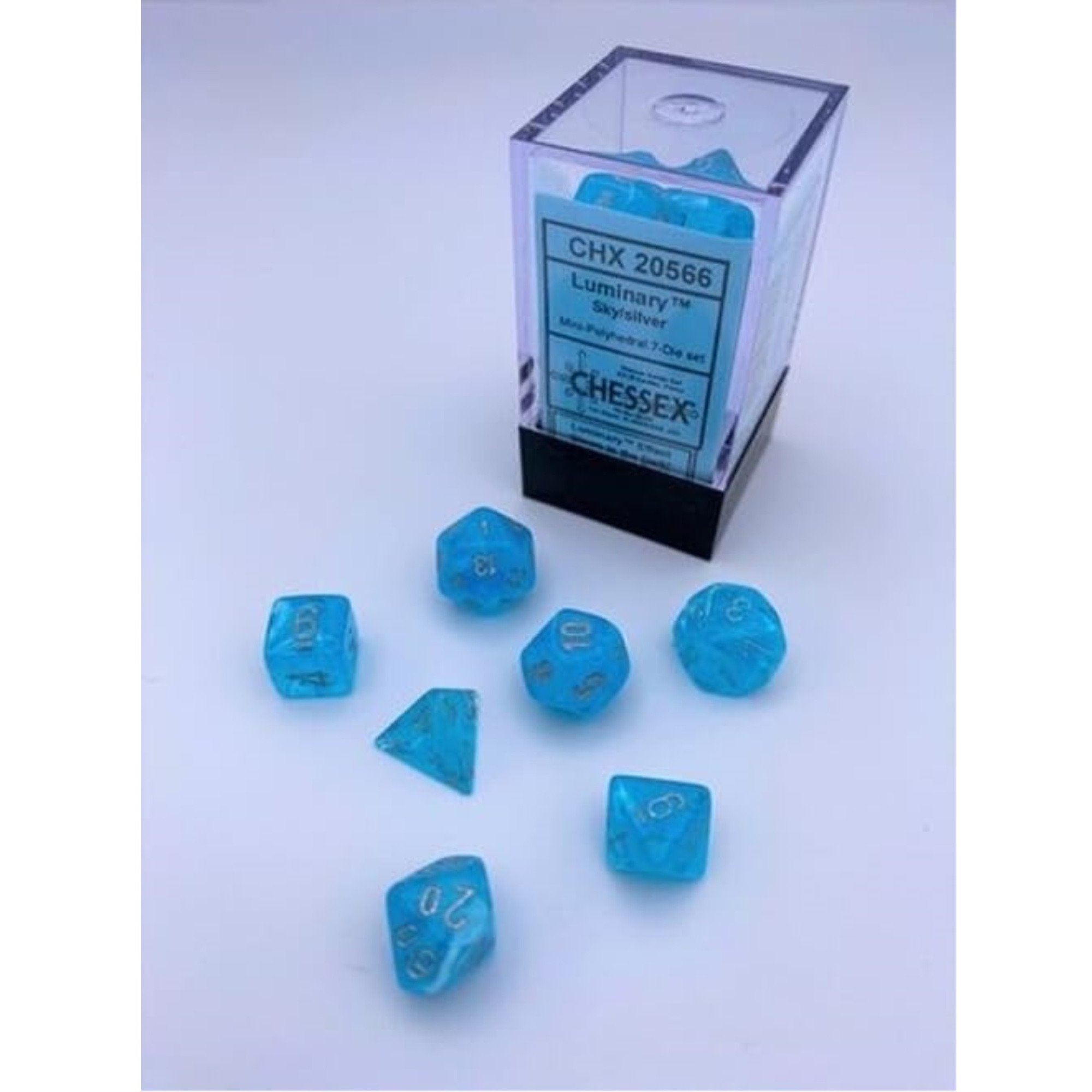 Sky Luminary Mini Dice with Silver Numbers 10mm (3/8in) Set of 7 Chessex