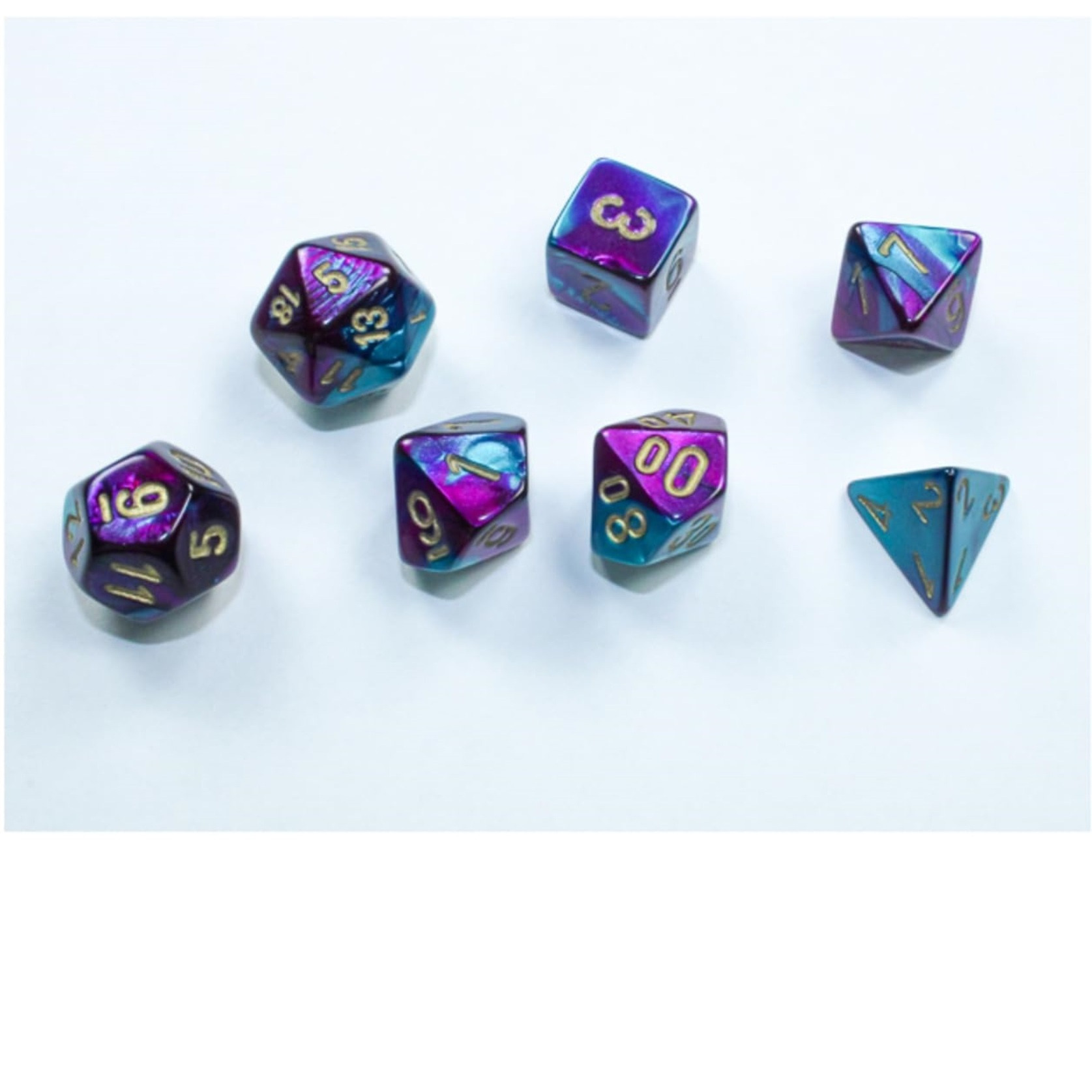 Purple and Teal Gemini Mini Dice with Gold Colored Numbers 10mm (3/8in) Set of 7 Chessex