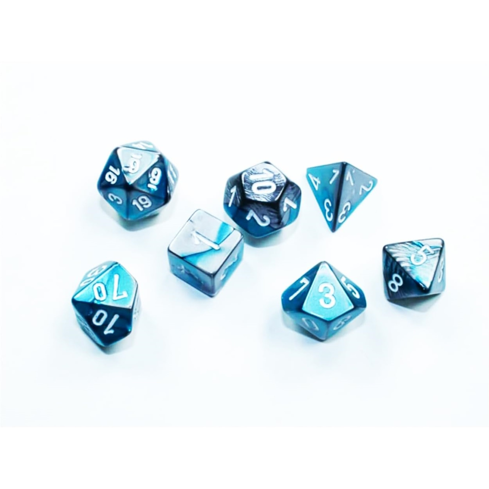 Steel and Teal Gemini Mini Dice with White Colored Numbers 10mm (3/8in) Set of 7 Chessex