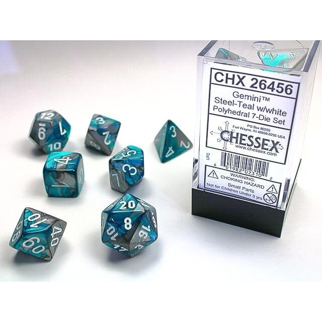 Steel and Teal Gemini Mini Dice with White Colored Numbers 10mm (3/8in) Set of 7 Chessex