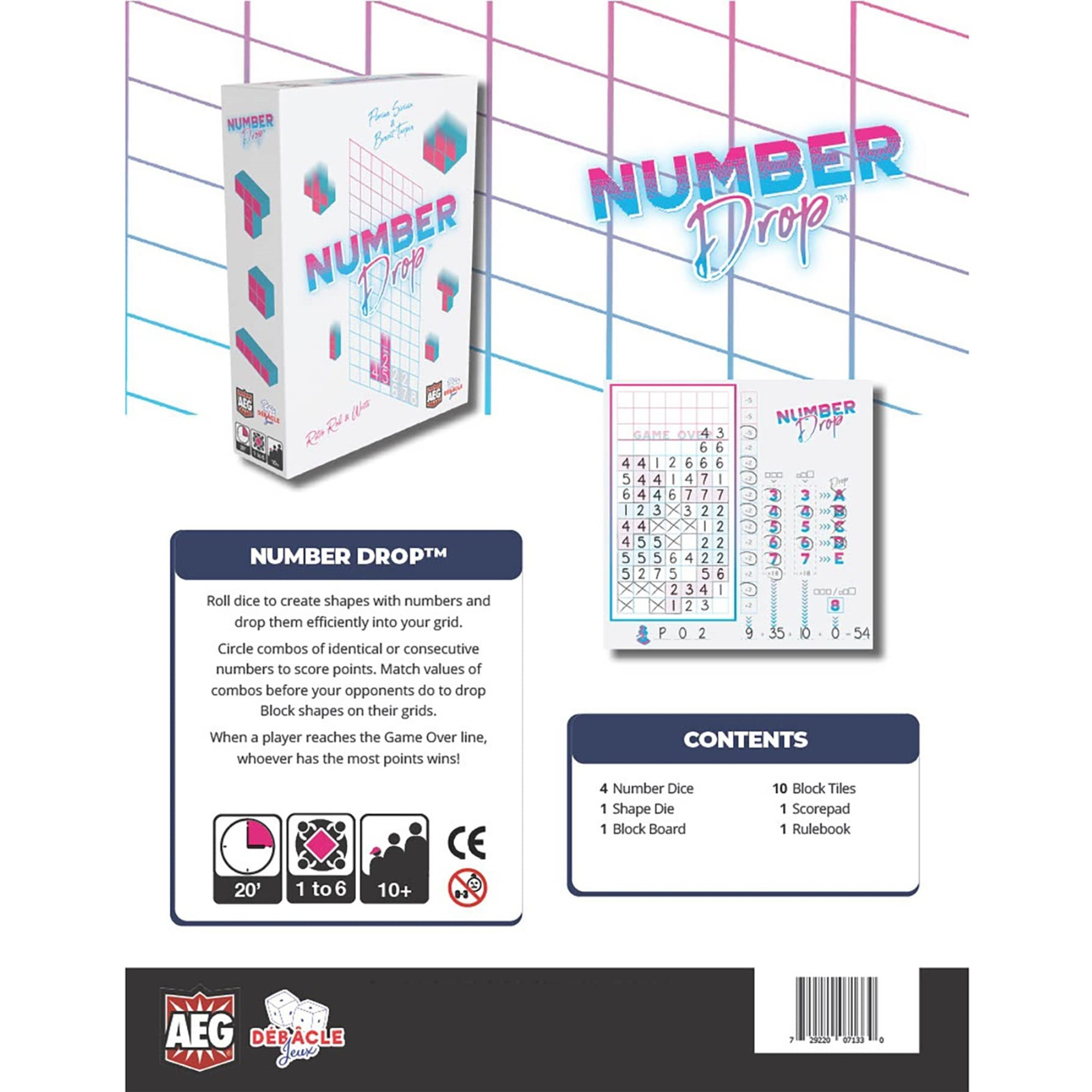 Alderac Entertainment Group (AEG) Number Drop - Retro Roll & Write, Video Game Theme, Alderace Entertainment Group (AEG), Ages 10+, 1-6 Players, 20 Min