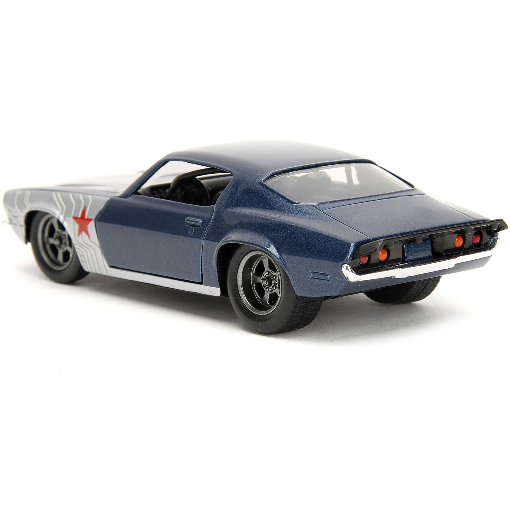1973 Chevrolet Camaro Dark Blue Metallic with Gray Stripes and Winter Soldier Diecast Figure &quotMarvel Avengers" &quotHollywood Rides" Series 1/32 Diecast Model Car by Jada