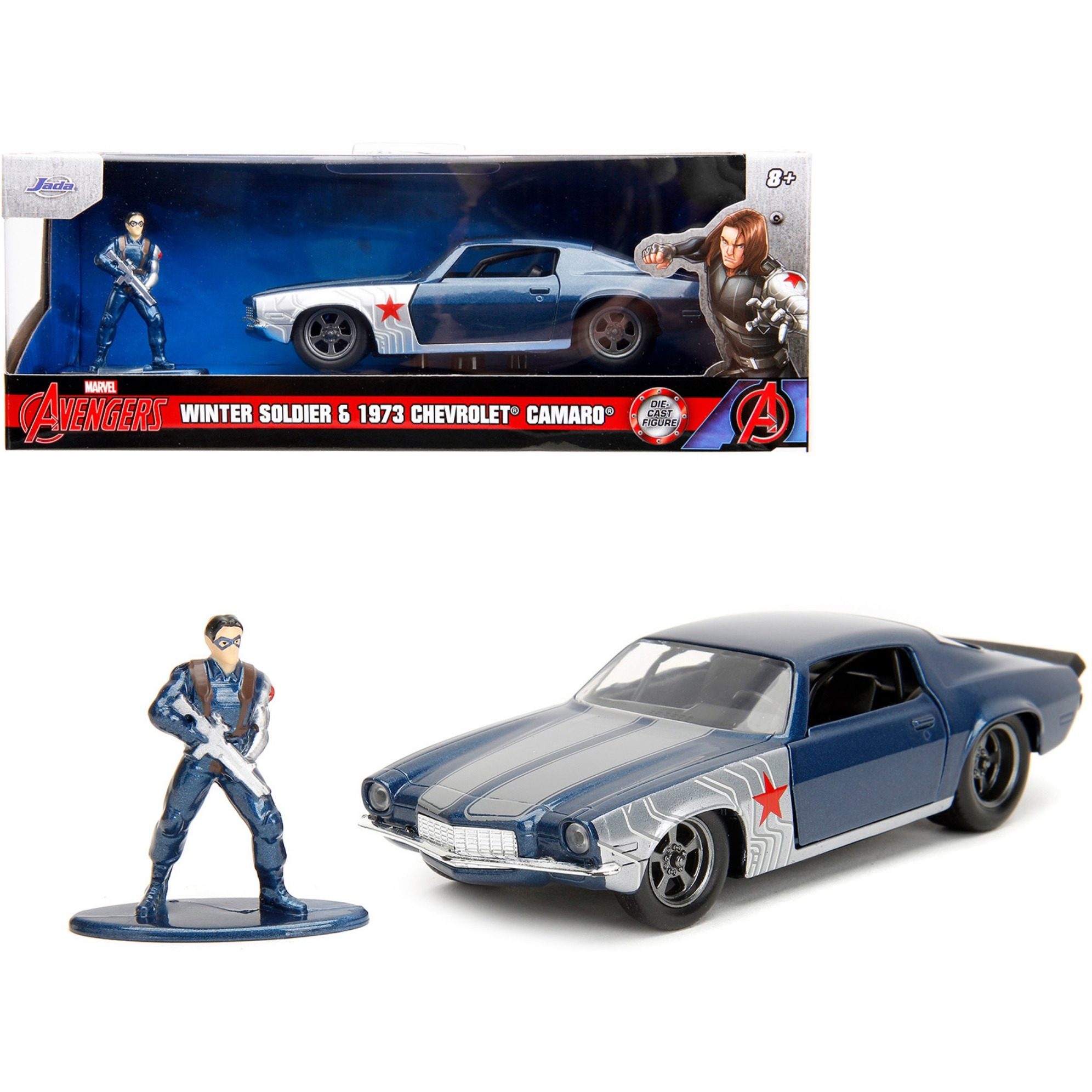 1973 Chevrolet Camaro Dark Blue Metallic with Gray Stripes and Winter Soldier Diecast Figure &quotMarvel Avengers" &quotHollywood Rides" Series 1/32 Diecast Model Car by Jada