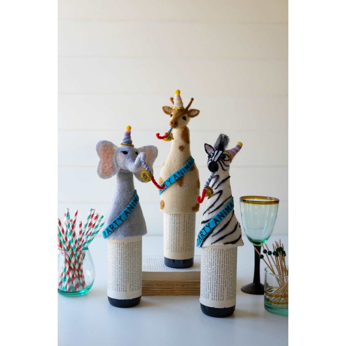 SET OF THREE FELT PARTY ANIMAL BOTTLE TOPPERS - ONE EACH DESIGN