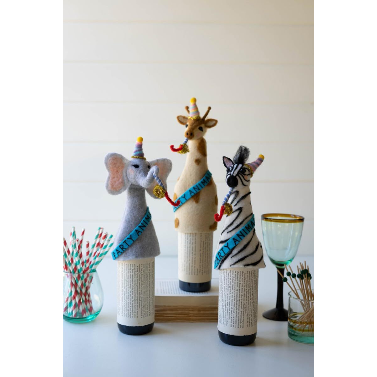 SET OF THREE FELT PARTY ANIMAL BOTTLE TOPPERS - ONE EACH DESIGN