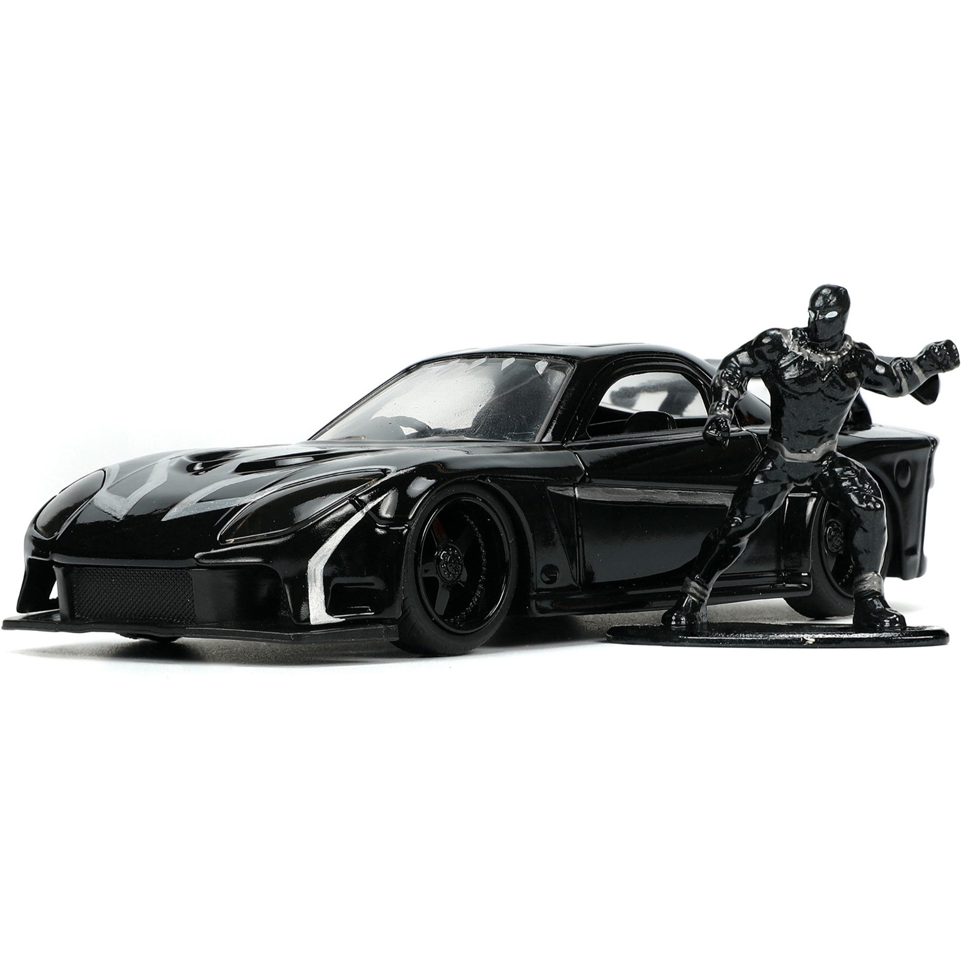 1995 Mazda RX-7 RHD (Right Hand Drive) Black and Black Panther Diecast Figure &quotThe Avengers" &quotHollywood Rides" Series 1/32 Diecast Model Car by Jada