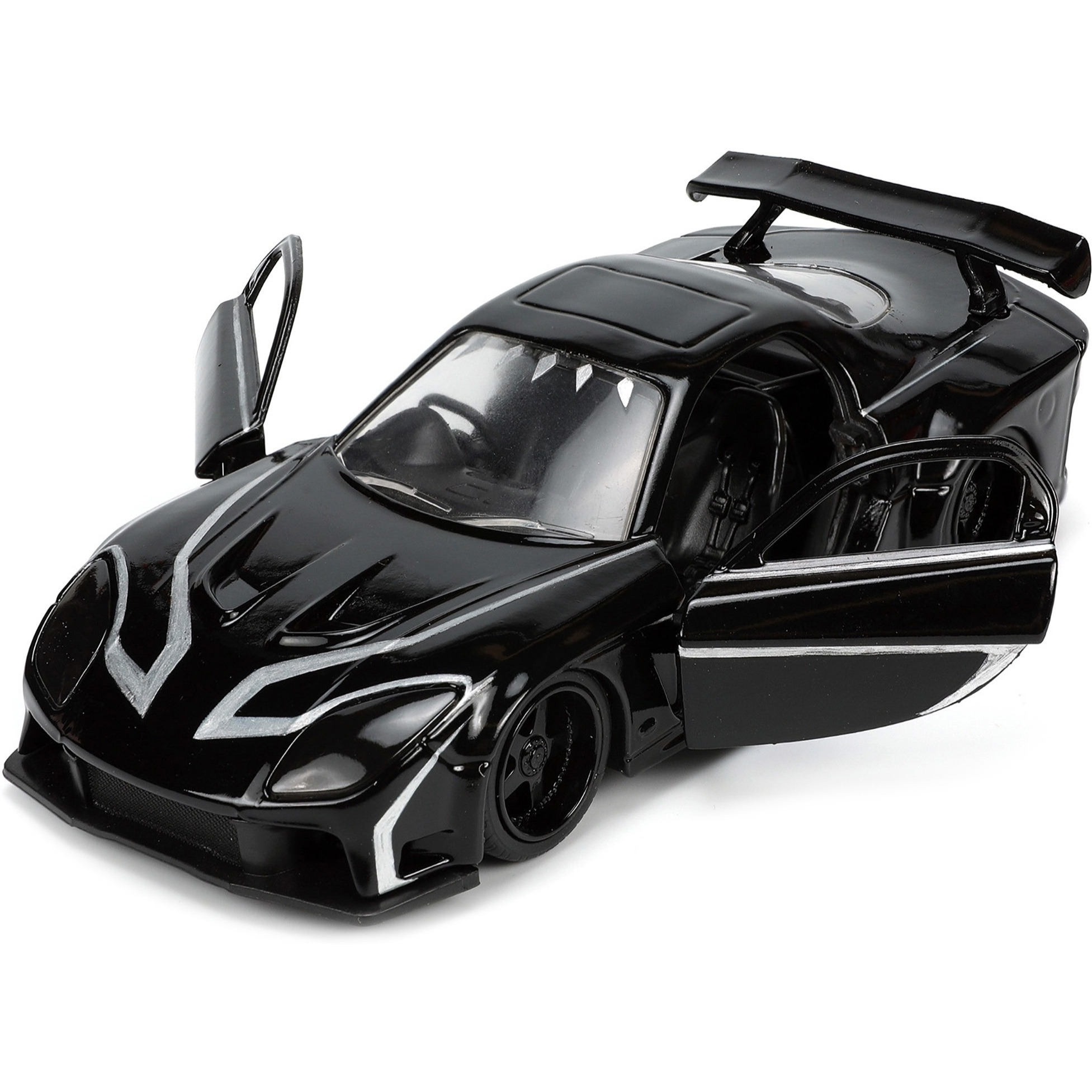 1995 Mazda RX-7 RHD (Right Hand Drive) Black and Black Panther Diecast Figure &quotThe Avengers" &quotHollywood Rides" Series 1/32 Diecast Model Car by Jada