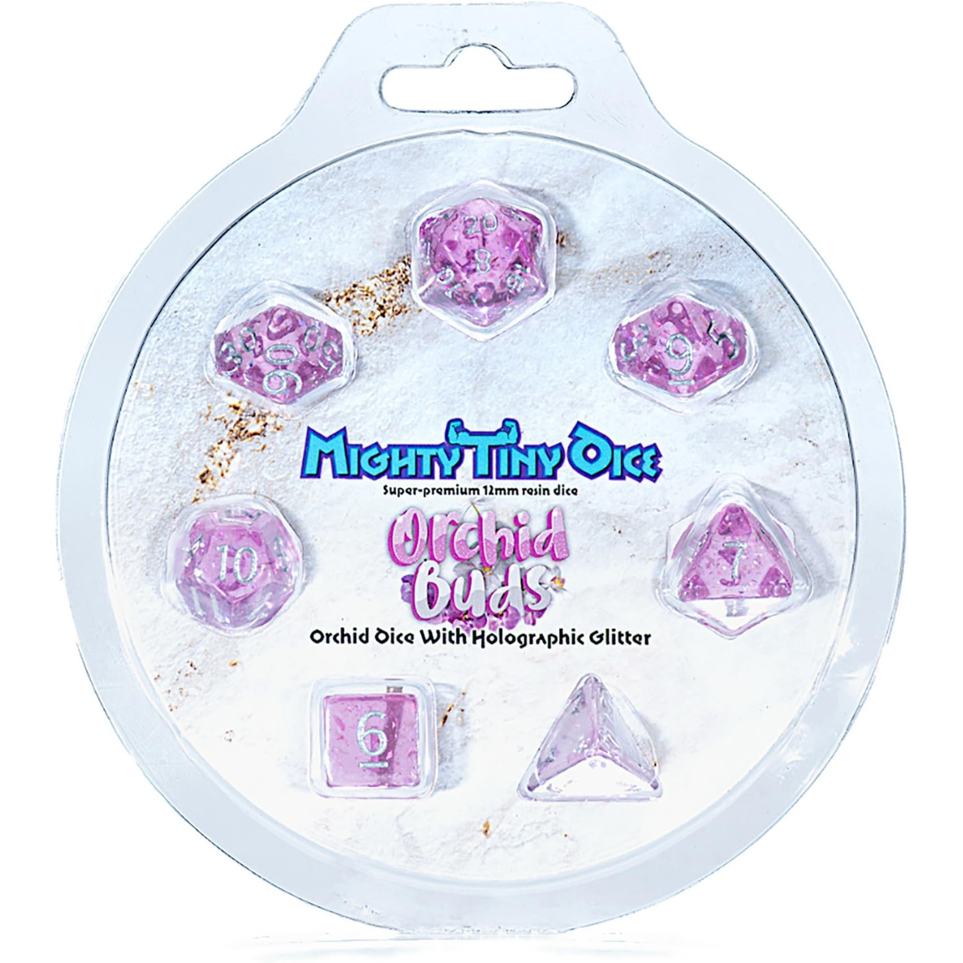 Gate Keeper Games & Dice Mighty Tiny Dice Orchid Buds - 7 pc - RPG Dice Set, Holographic Glitter, 12mm Resin Dice, Holographic Style Layered Dice