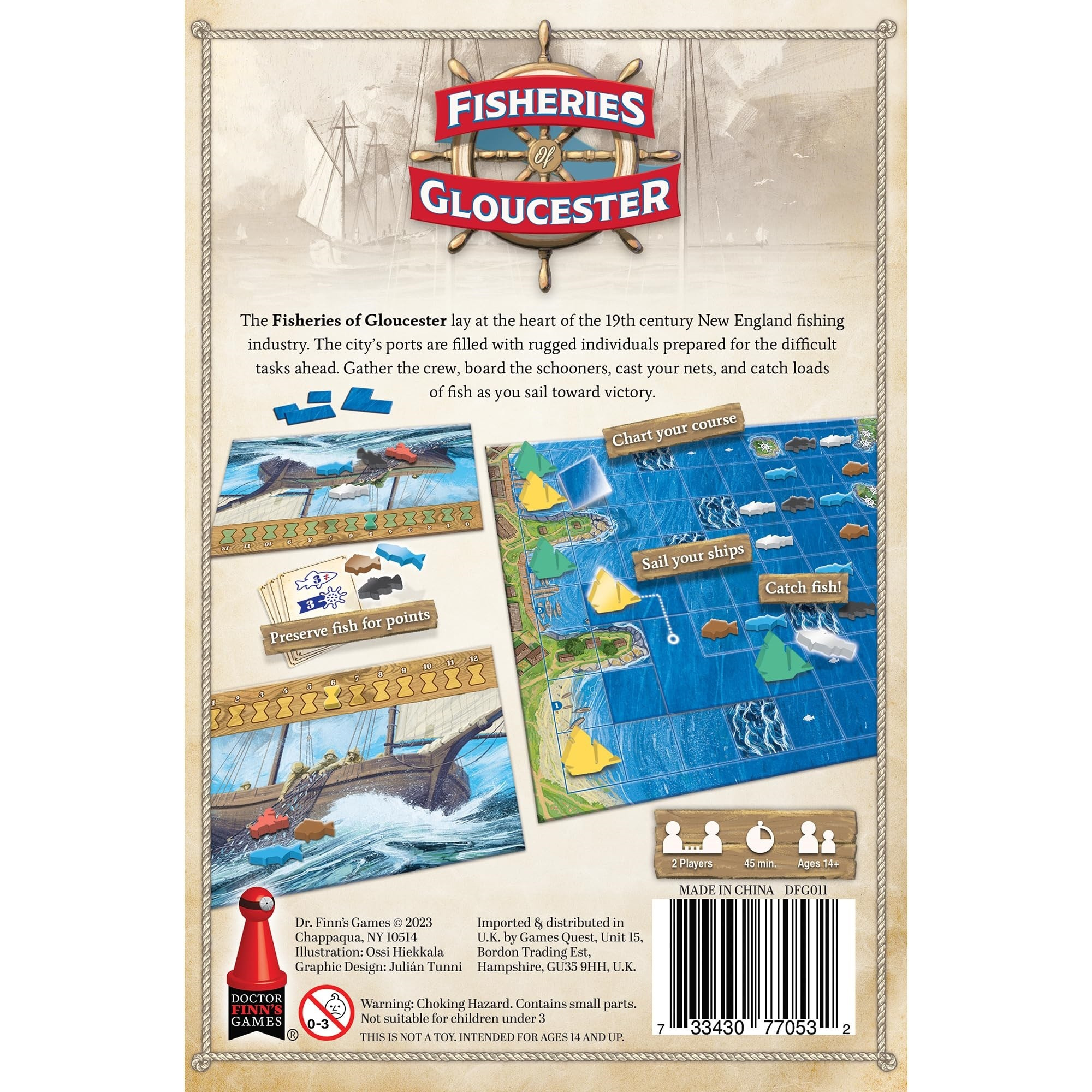 Doctor Finn's Games Fisheries of Gloucester - 19th Century New England Fishing Strategy Board Game, Ages 14+, 2 Players, 30 Min