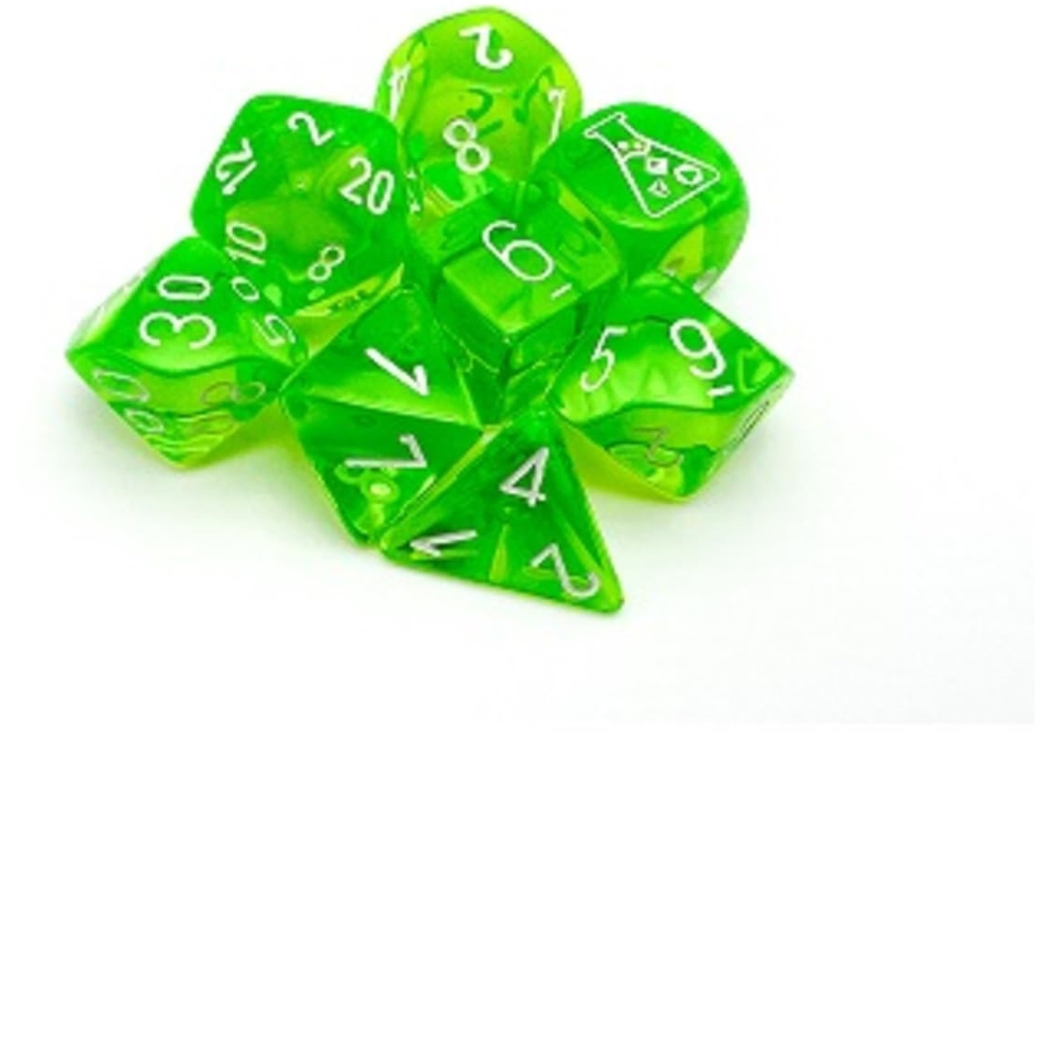 Rad Green Translucent Dice with White Numbers 7+1 Dice Set 16mm (5/8in) Chessex