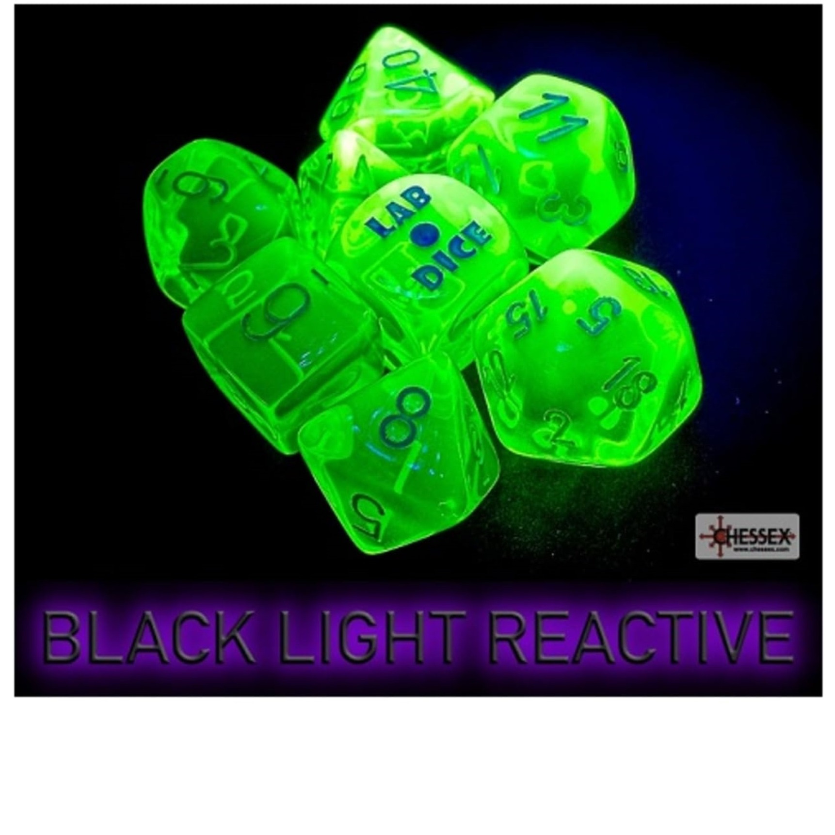 Rad Green Translucent Dice with White Numbers 7+1 Dice Set 16mm (5/8in) Chessex