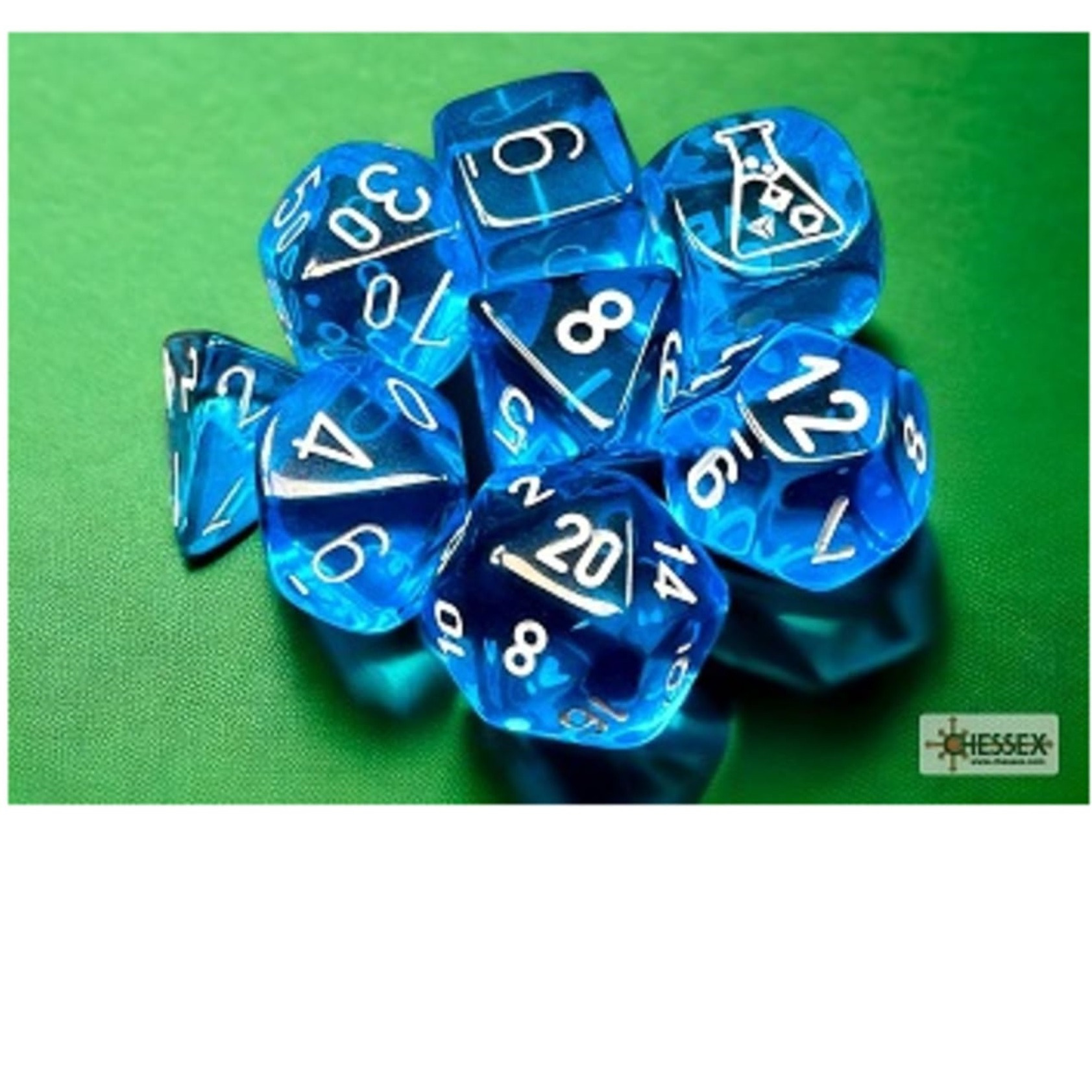 Tropical Blue Translucent Dice with White Numbers 7+1 Dice Set 16mm (5/8in) Chessex