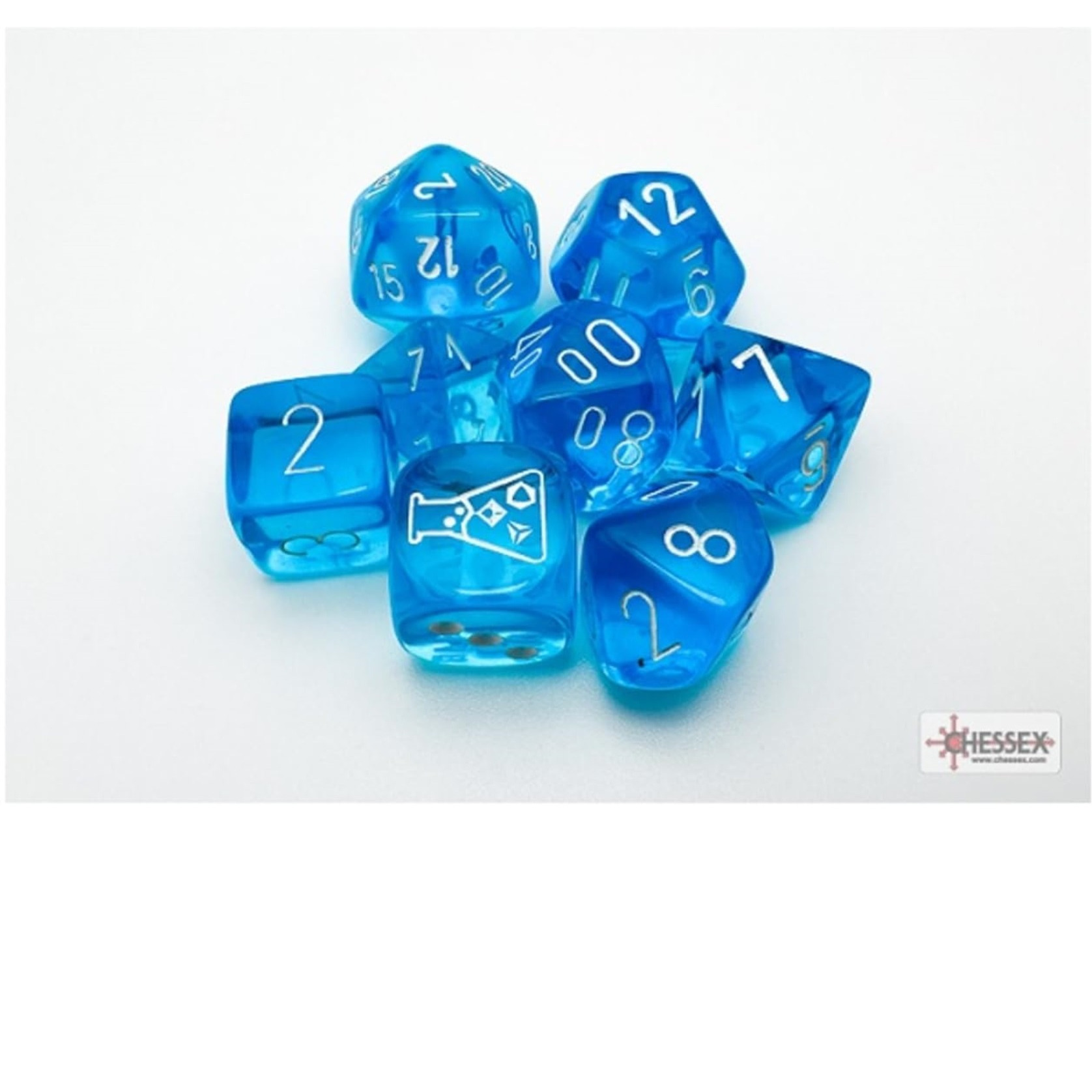Tropical Blue Translucent Dice with White Numbers 7+1 Dice Set 16mm (5/8in) Chessex