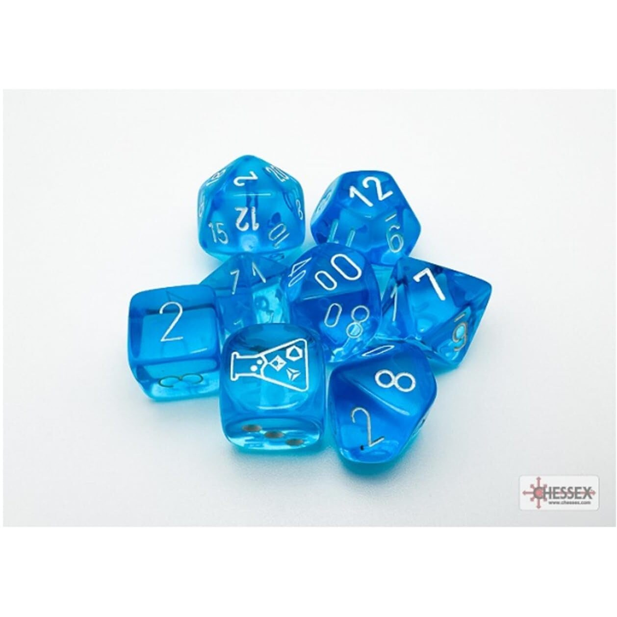 Tropical Blue Translucent Dice with White Numbers 7+1 Dice Set 16mm (5/8in) Chessex
