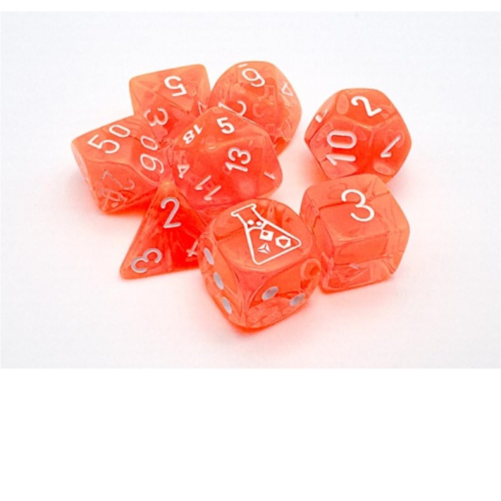 Neon Orange Translucent Dice with White Numbers 7+1 Dice Set 16mm (5/8in) Chessex