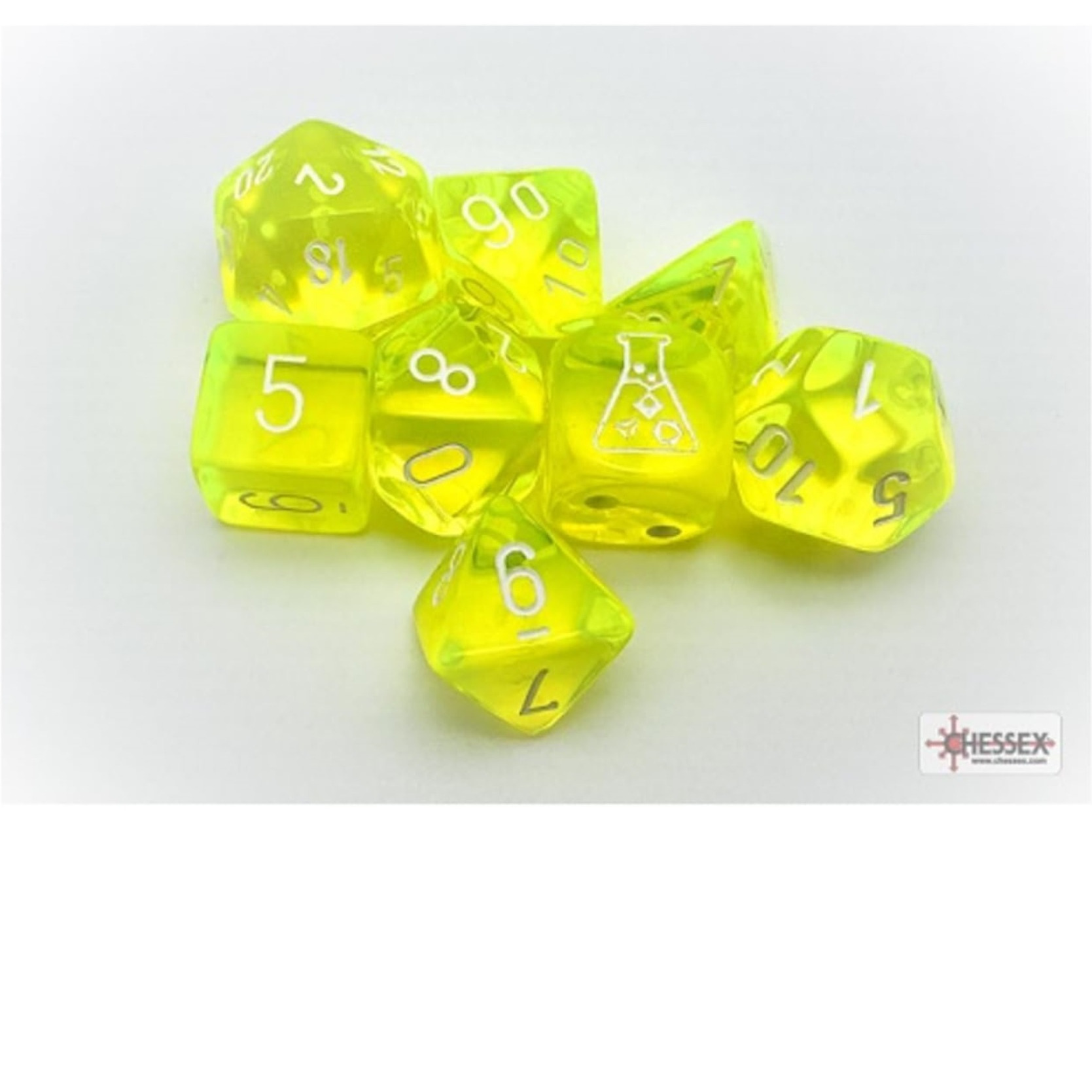 Neon Yellow Translucent Dice with White Numbers 7+1 Dice Set 16mm (5/8in) Chessex