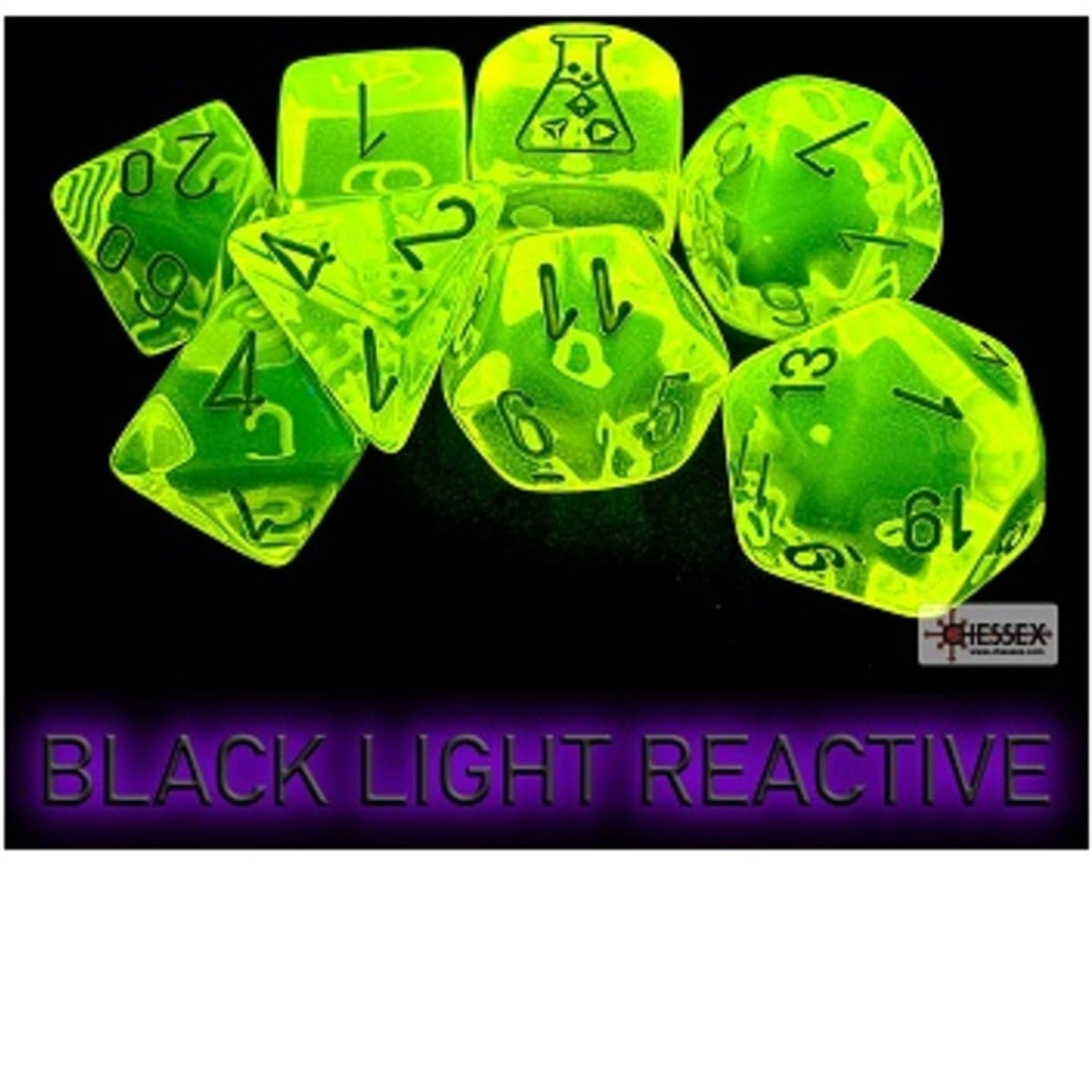 Neon Yellow Translucent Dice with White Numbers 7+1 Dice Set 16mm (5/8in) Chessex