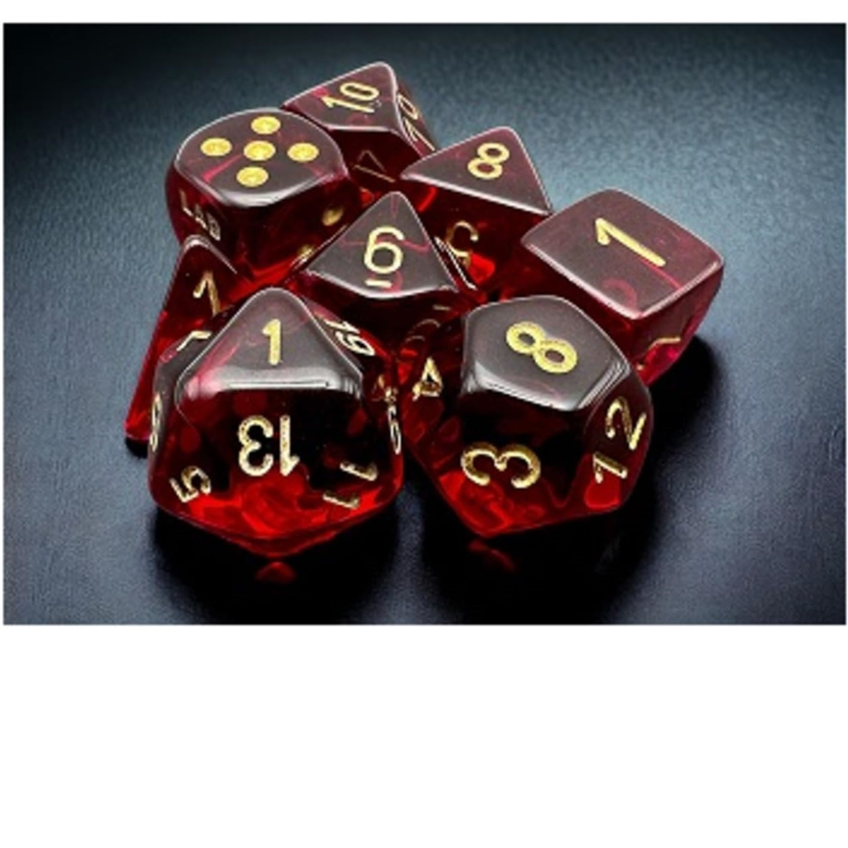Crimson Translucent Dice with Gold Numbers 7+1 Dice Set 16mm (5/8in) Chessex