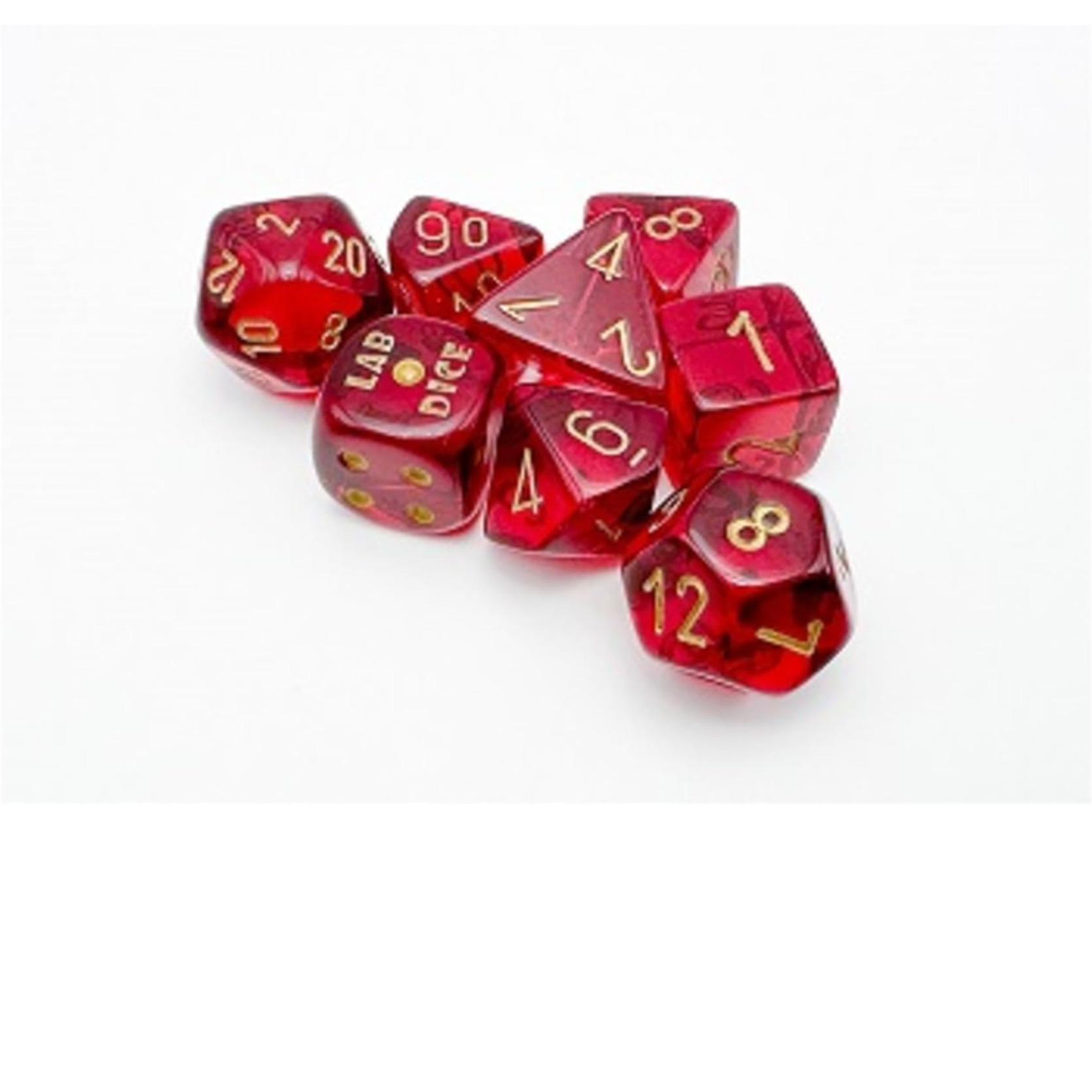 Crimson Translucent Dice with Gold Numbers 7+1 Dice Set 16mm (5/8in) Chessex