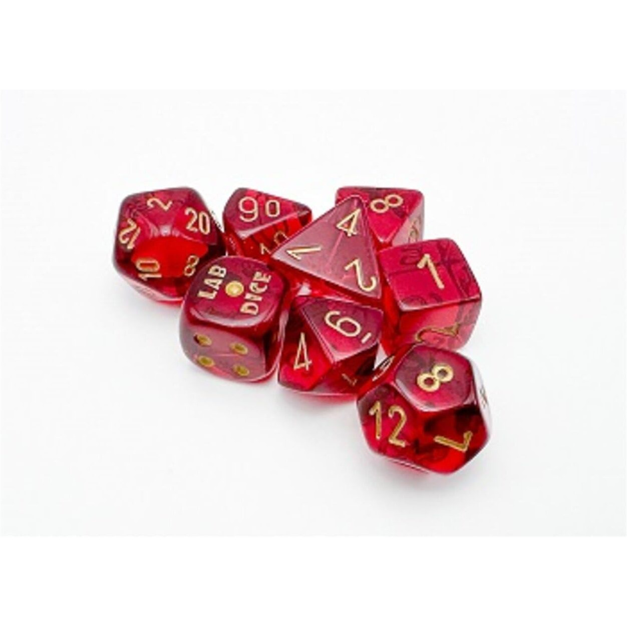 Crimson Translucent Dice with Gold Numbers 7+1 Dice Set 16mm (5/8in) Chessex