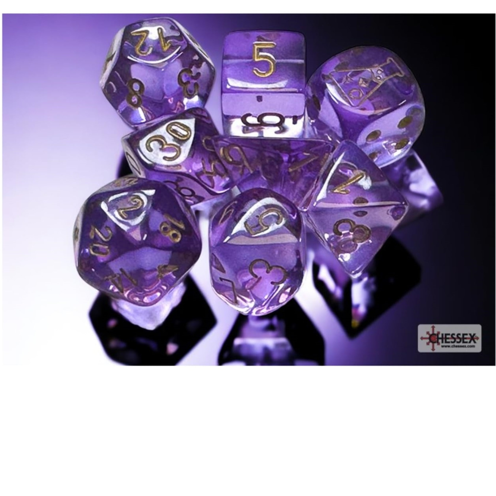 Lavender Translucent Dice with Gold Numbers 7+1 Dice Set 16mm (5/8in) Chessex