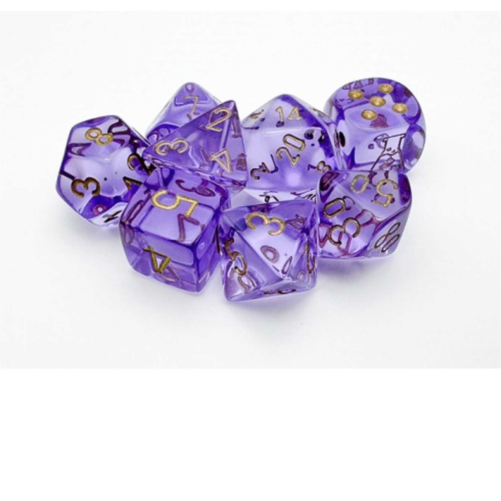 Lavender Translucent Dice with Gold Numbers 7+1 Dice Set 16mm (5/8in) Chessex