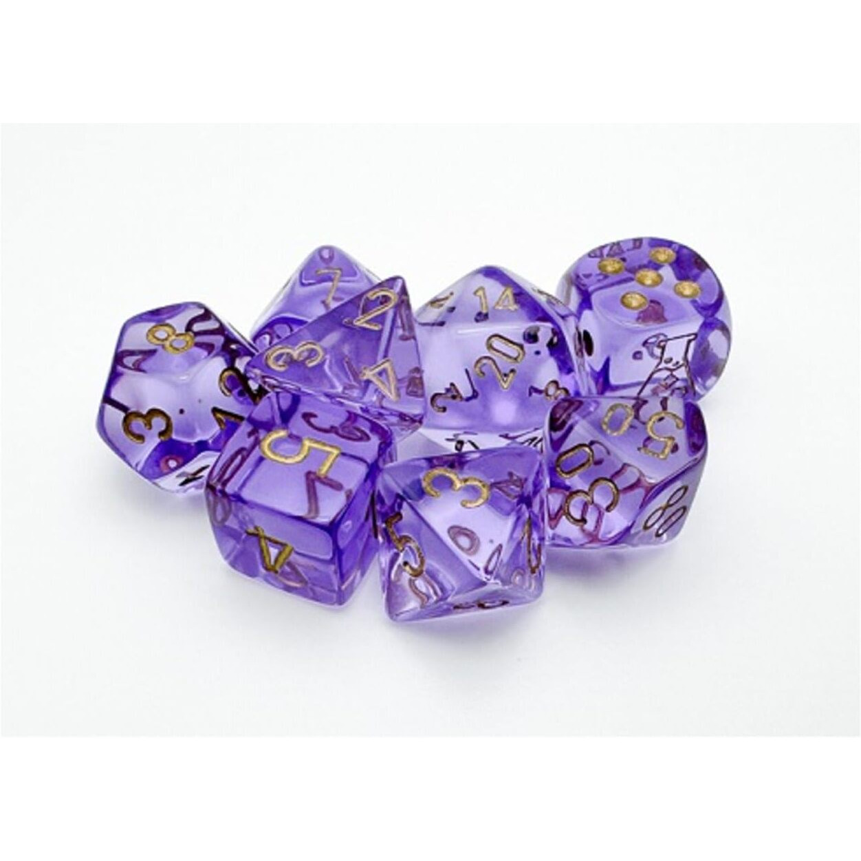 Lavender Translucent Dice with Gold Numbers 7+1 Dice Set 16mm (5/8in) Chessex