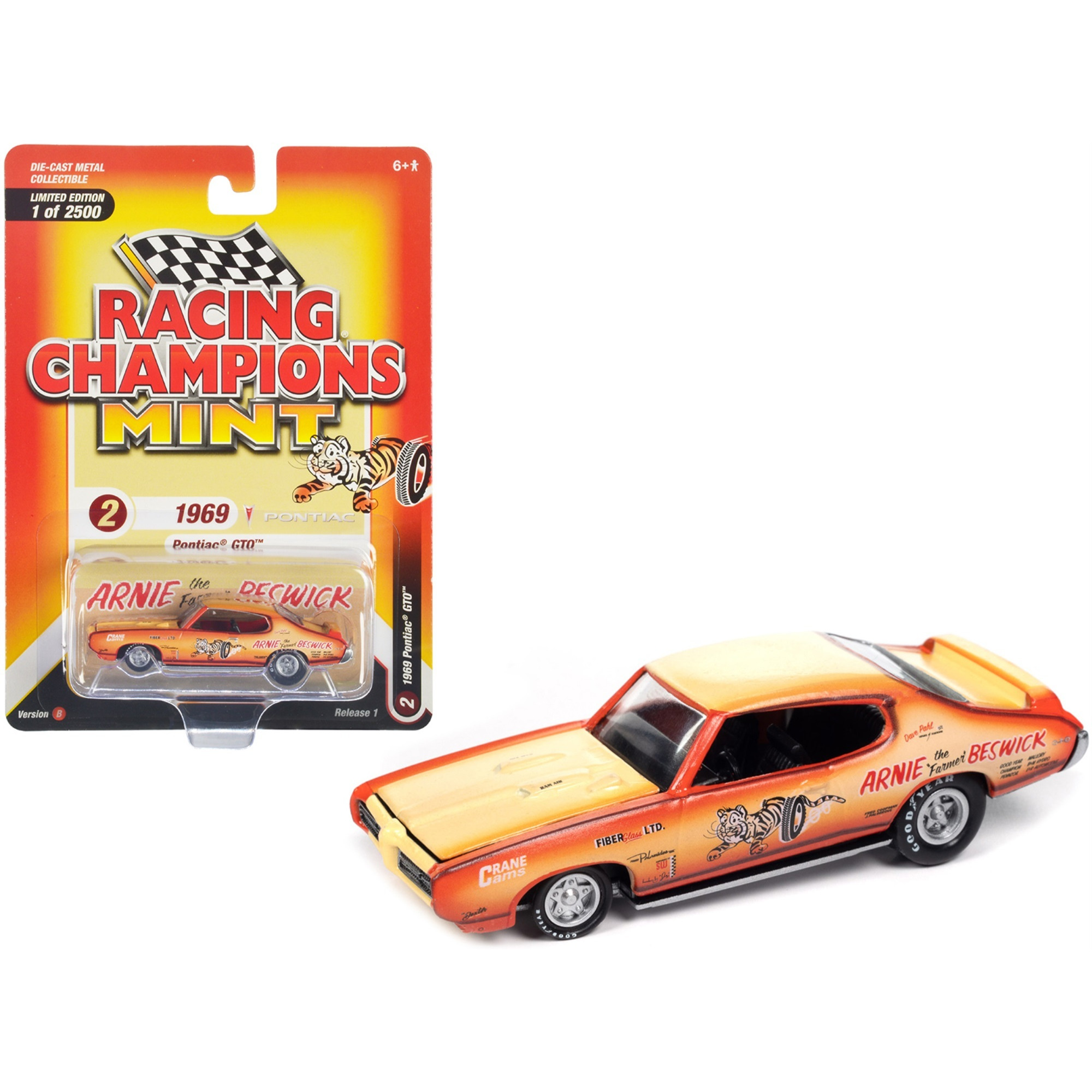1969 Pontiac GTO Orange and Cream Fade with Graphics &quotArnie 'The Farmer' Beswick" &quotRacing Champions Mint 2023" Release 1 Limited Edition to 2500 pieces Worldwide 1/64 Diecast Model Car by Racing Champions