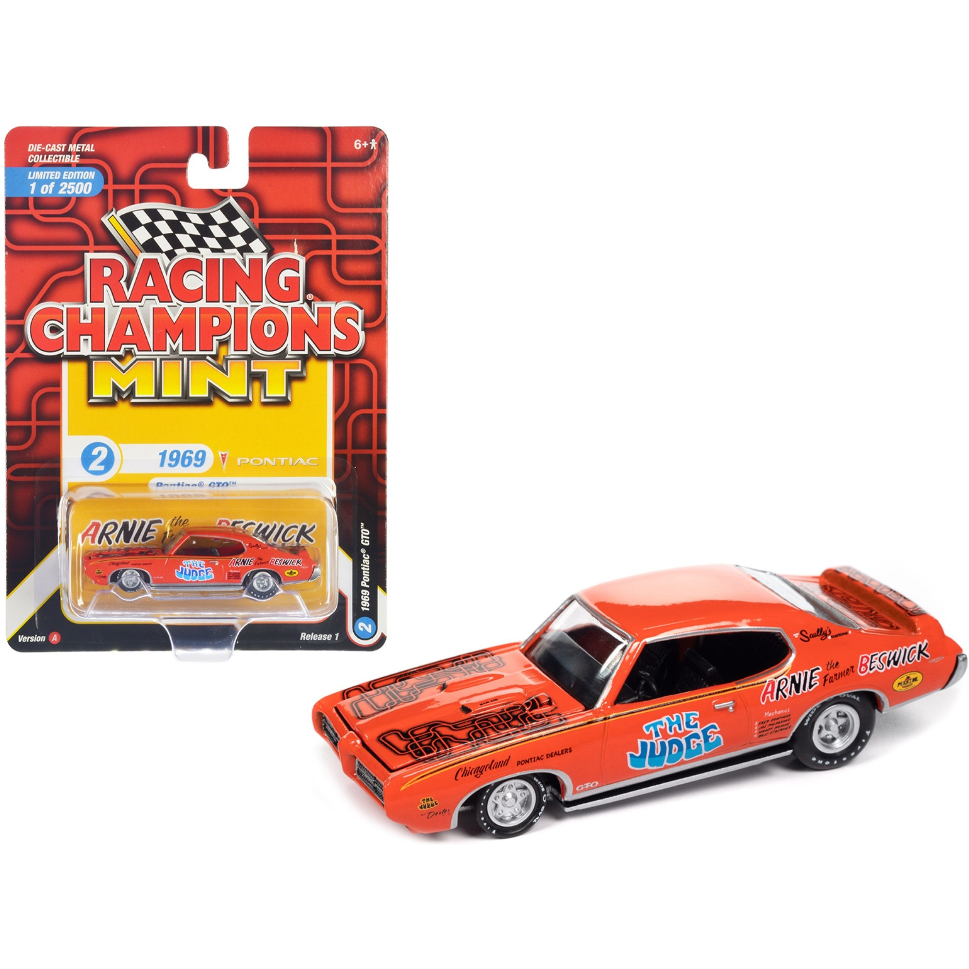 1969 Pontiac GTO Orange with Graphics &quotThe Judge - Arnie 'The Farmer' Beswick" &quotRacing Champions Mint 2023" Release 1 Limited Edition to 2500 pieces Worldwide 1/64 Diecast Model Car by Racing Champions