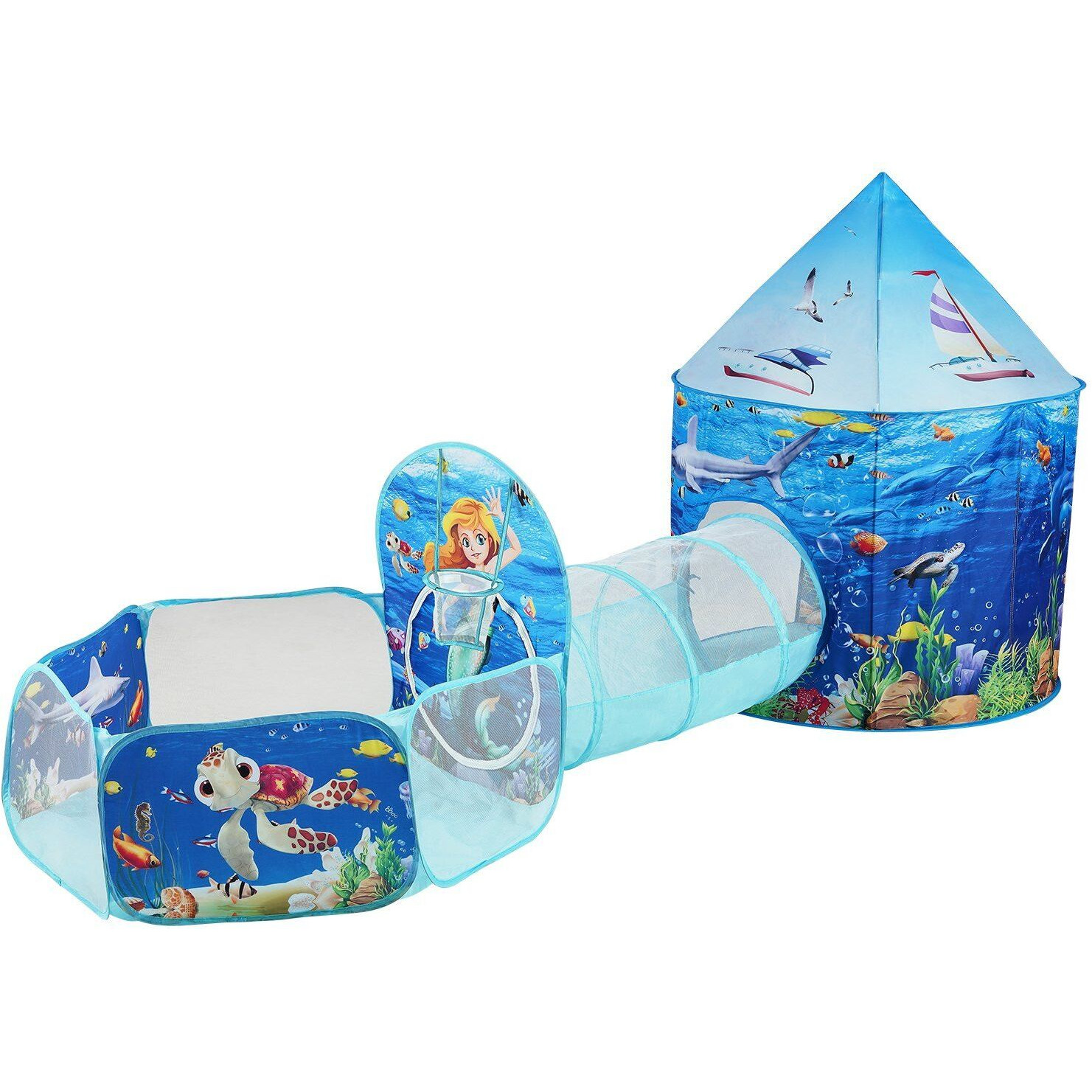 VEVOR 3 in 1 Kids Play Tent with Tunnel, Basketball Hoop for Boys, Girls, Babies and Toddlers, Indoor/Outdoor Pop Up Playhouse with Carrying Bag & Banding Straps Birthday Gifts, Blue Ocean