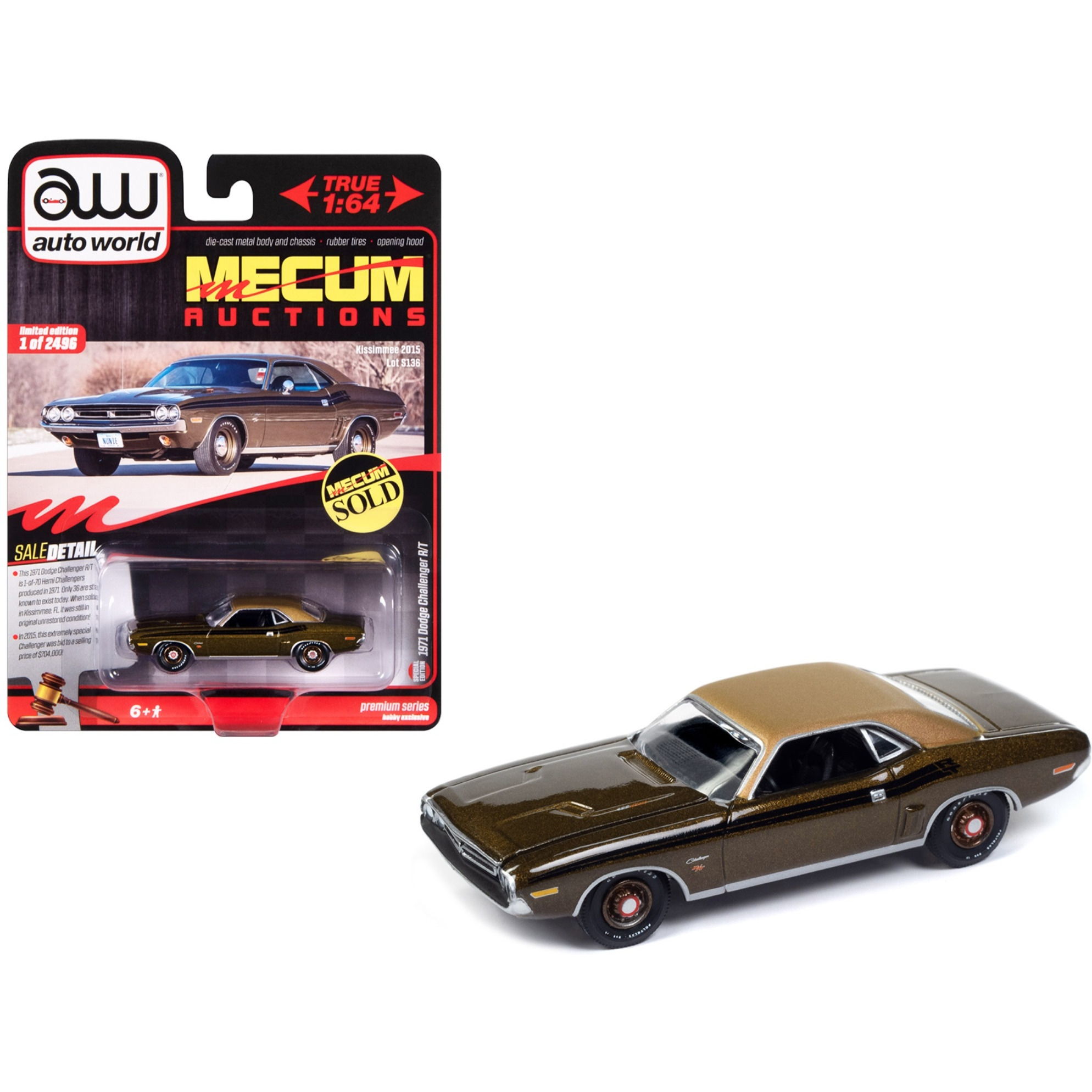 1971 Dodge Challenger R/T Dark Gold Metallic with Gold Vinyl Roof &quotMecum Auctions" Limited Edition to 2496 pieces Worldwide &quotPremium" Series 1/64 Diecast Model Car by Auto World
