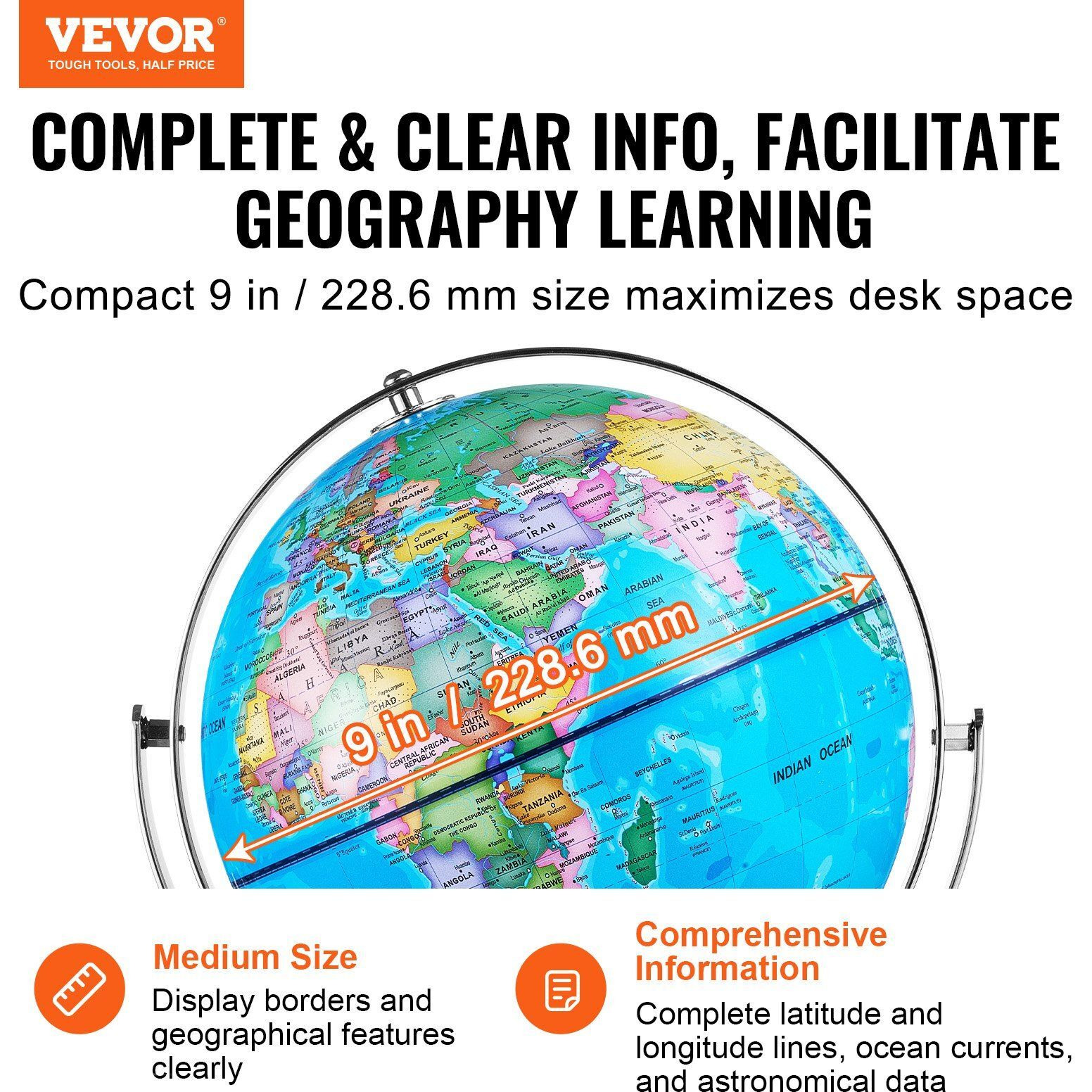 VEVOR Illuminated World Globe with Stand, 9 in/228.6 mm, Educational Earth Globe with Stable Heavy Metal Base and LED Constellation Night Light HD Printed Map, Spinning for Kids Classroom Learning