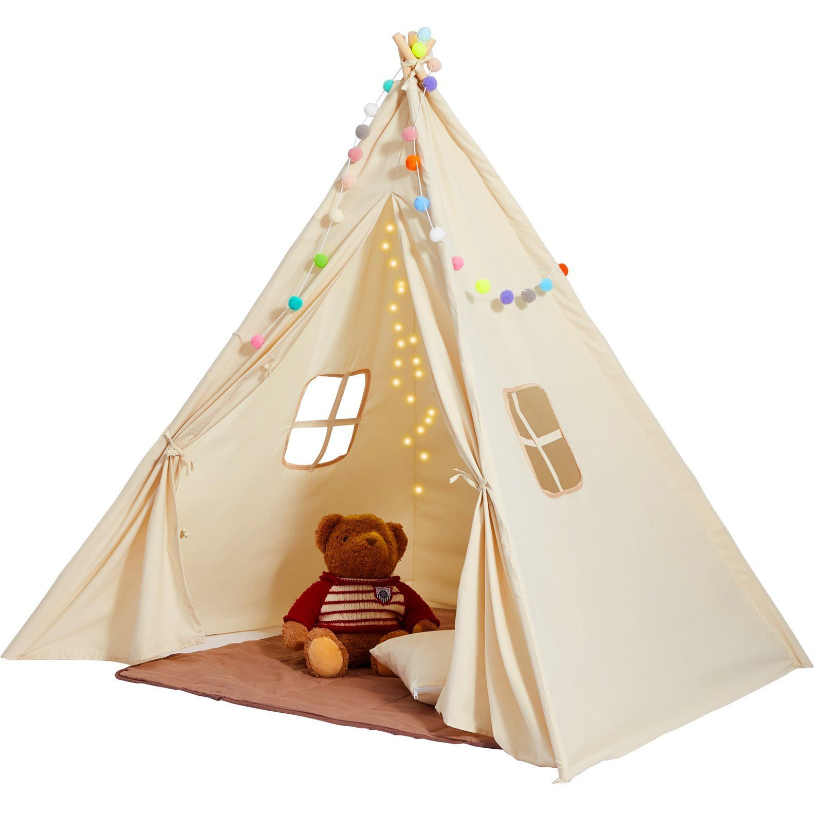 VEVOR Kids Play Tent, Teepee Tent for Kids 1-5 Years Old, Tent for Kids with Windows for Indoor and Outdoor, Toddler Tent with Mat and Plush Decorative Balls, for Boys and Girls, Beige