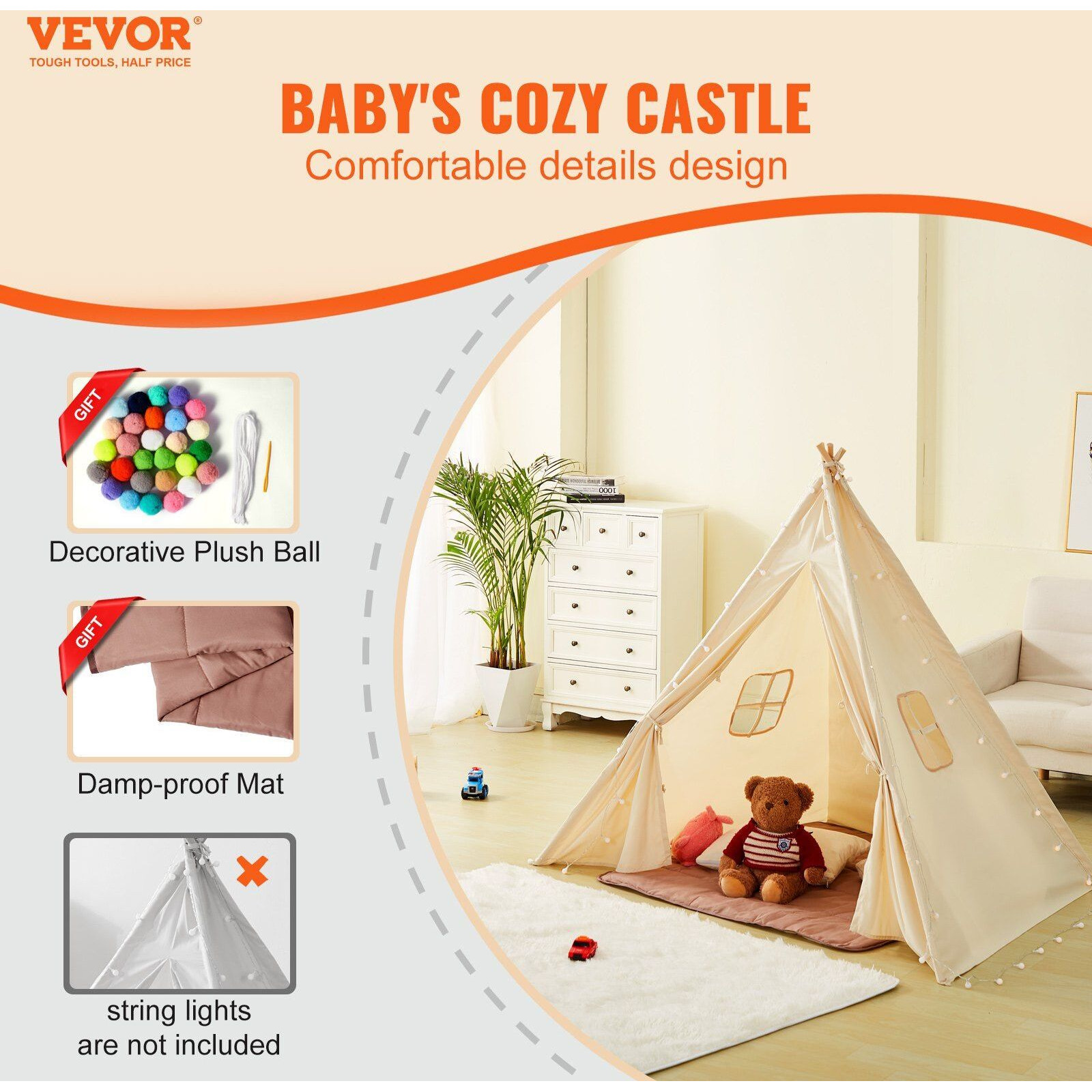 VEVOR Kids Play Tent, Teepee Tent for Kids 1-5 Years Old, Tent for Kids with Windows for Indoor and Outdoor, Toddler Tent with Mat and Plush Decorative Balls, for Boys and Girls, Beige