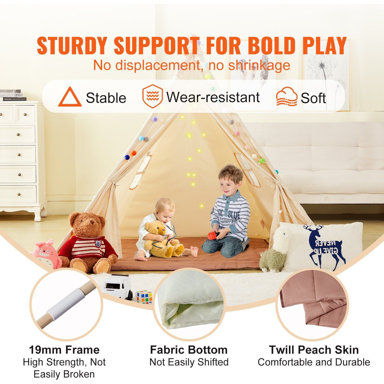 VEVOR Kids Play Tent, Teepee Tent for Kids 1-5 Years Old, Tent for Kids with Windows for Indoor and Outdoor, Toddler Tent with Mat and Plush Decorative Balls, for Boys and Girls, Beige
