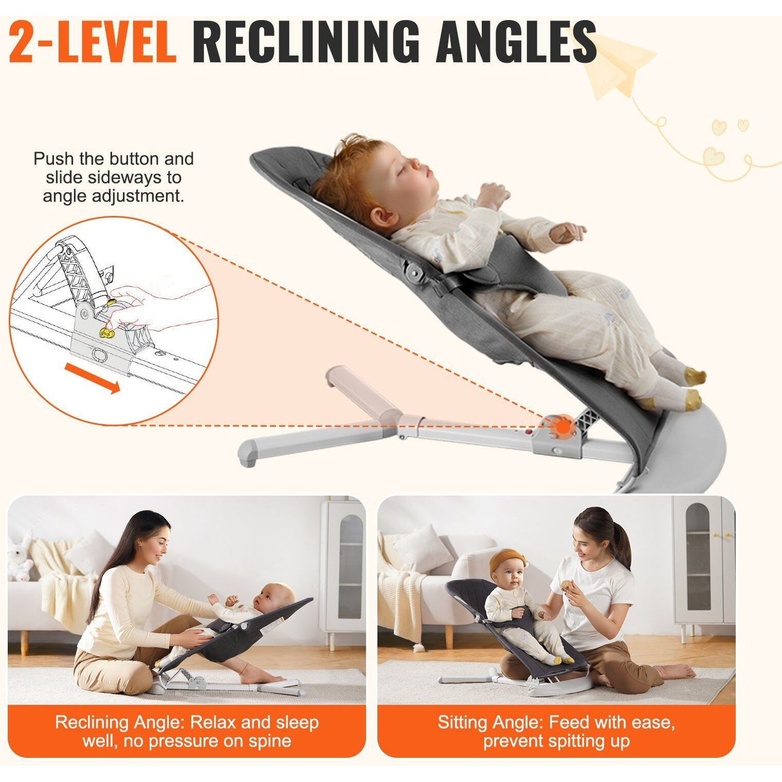 VEVOR Baby Bouncer Folding Bouncer Seat Chair for Babies with 2 Reclining Angles