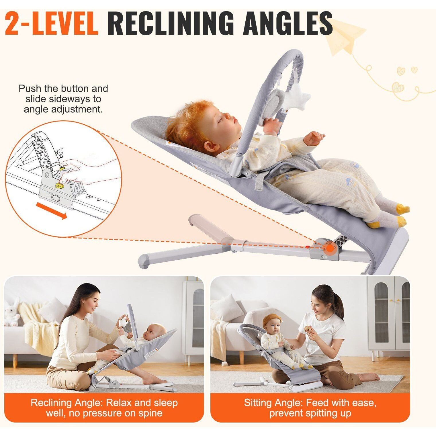 VEVOR Baby Bouncer Folding Bouncer Seat Chair for Babies 0-9 Months with Toy Bar
