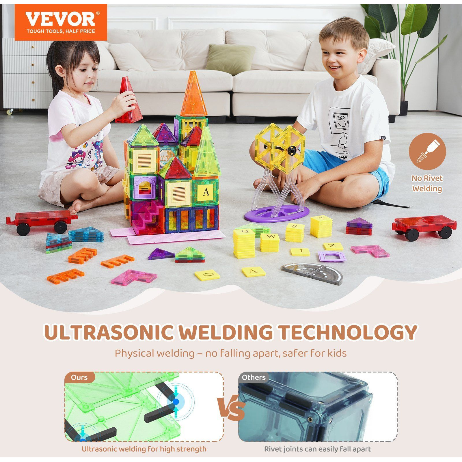 VEVOR Magnetic Tiles Magnetic Building Toy 181 PCS Magnet Blocks for Kids 3D Set