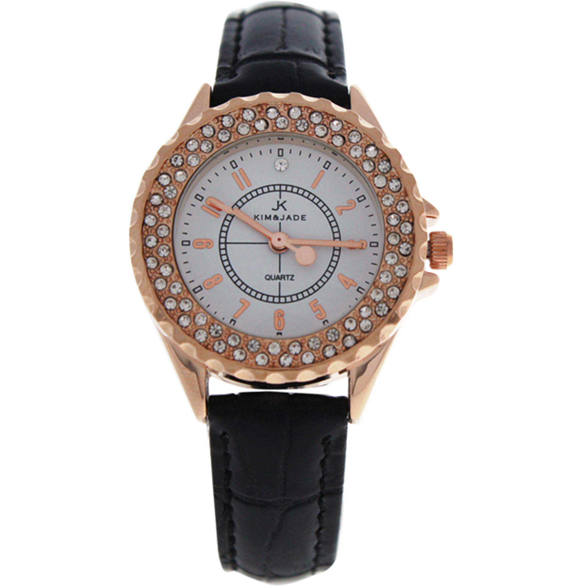 2033L-GPBLW Rose Gold/Black Leather Strap Watch by Kim & Jade for Women - 1 Pc Watch