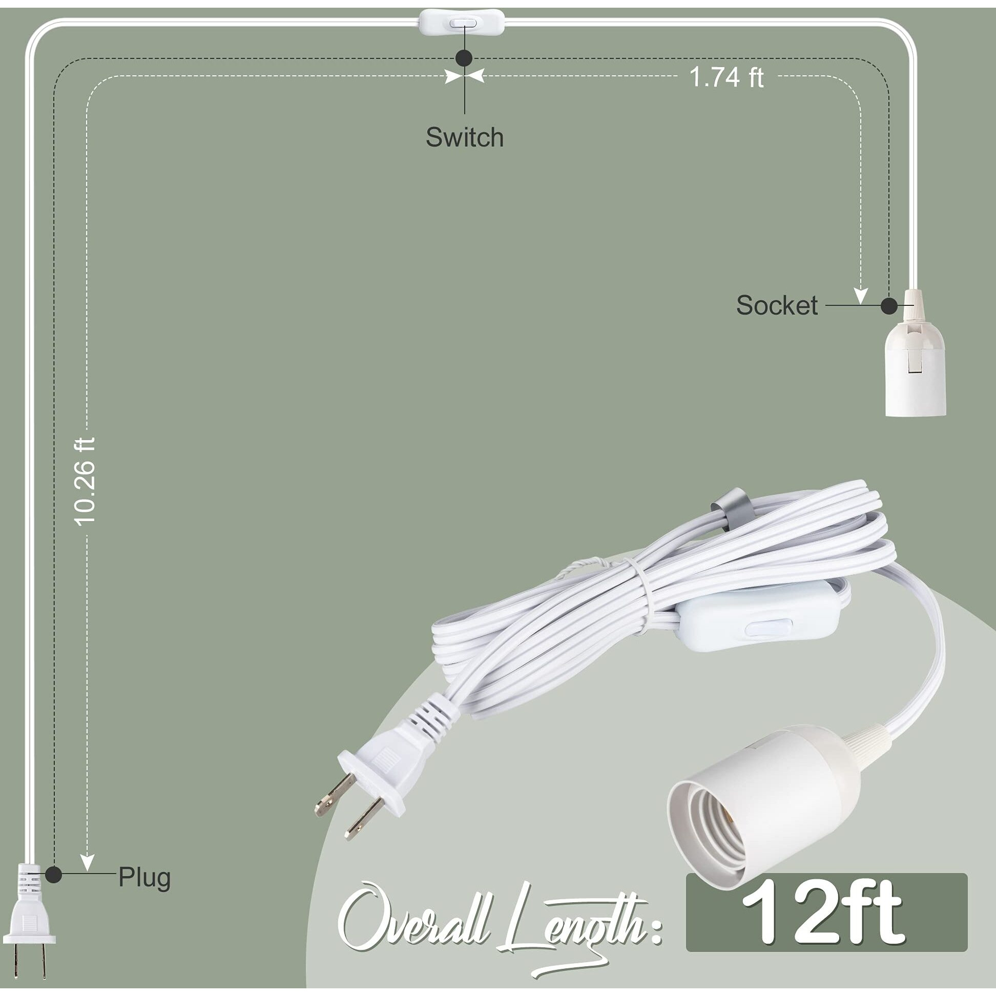 Jackyled Extension Hanging Lantern Cord Cable Ul 12Ft E26 E27 Socket On/Off Switch Plug In Pendant Lighting For Kitchen Bedroom Plant Growth Light